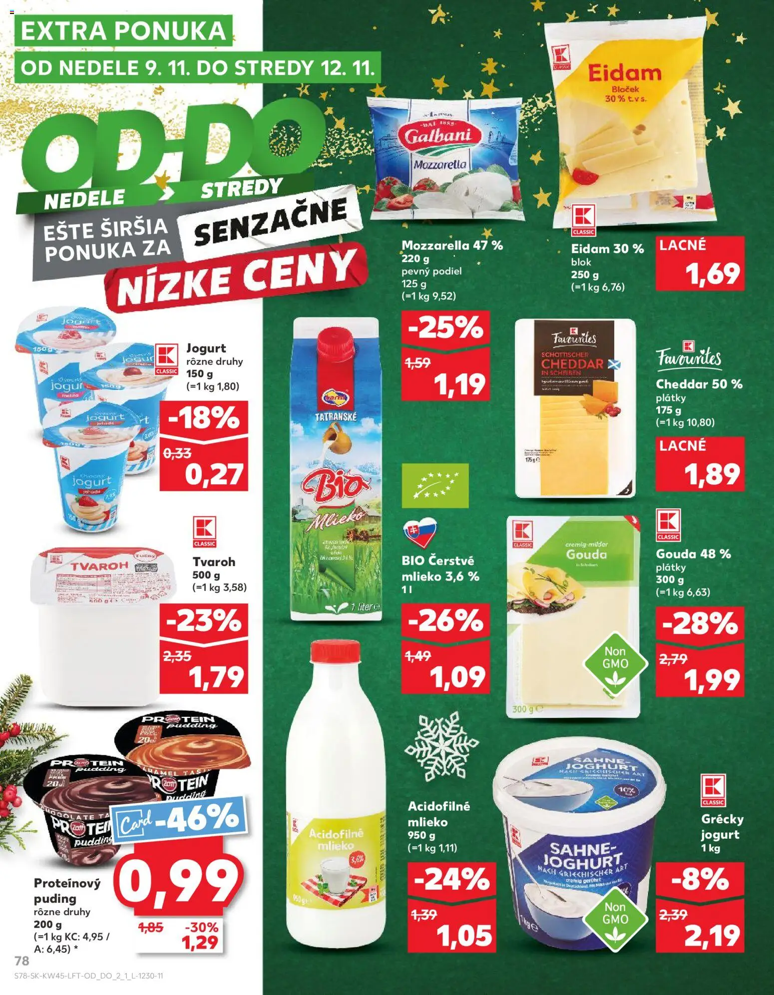 Náhľad Kaufland letáku platného od 06.11.2025 - Tvaroh, Mlieko, Mozzarella, Puding, Jogurt, Cheddar, Grécky jogurt, Proteínový puding
