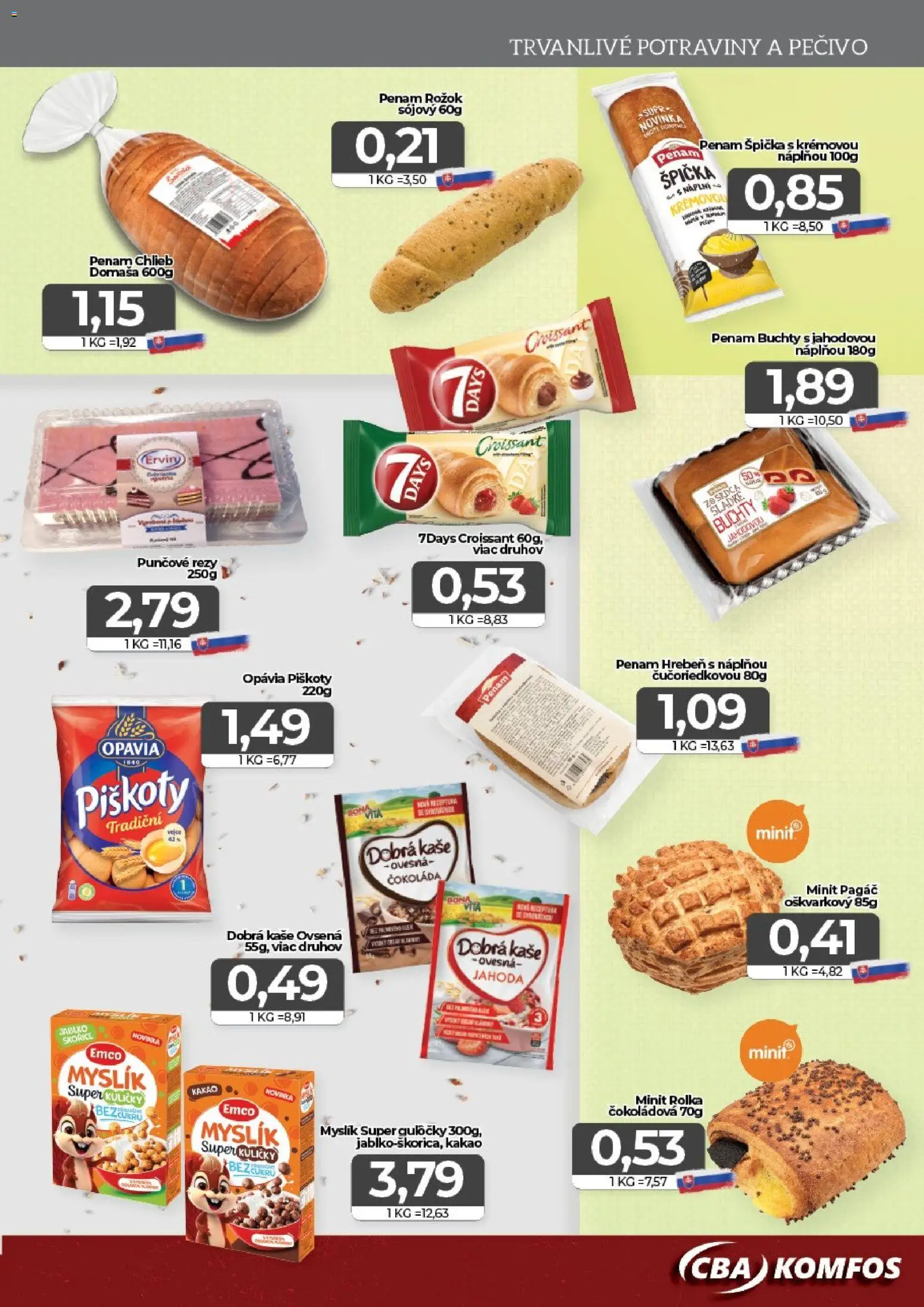 Náhľad CBA Komfos letáku platného od 23.10.2026 - Čokoláda, Croissant, Chlieb, Kakao, Rožok, Pečivo, Piškóty