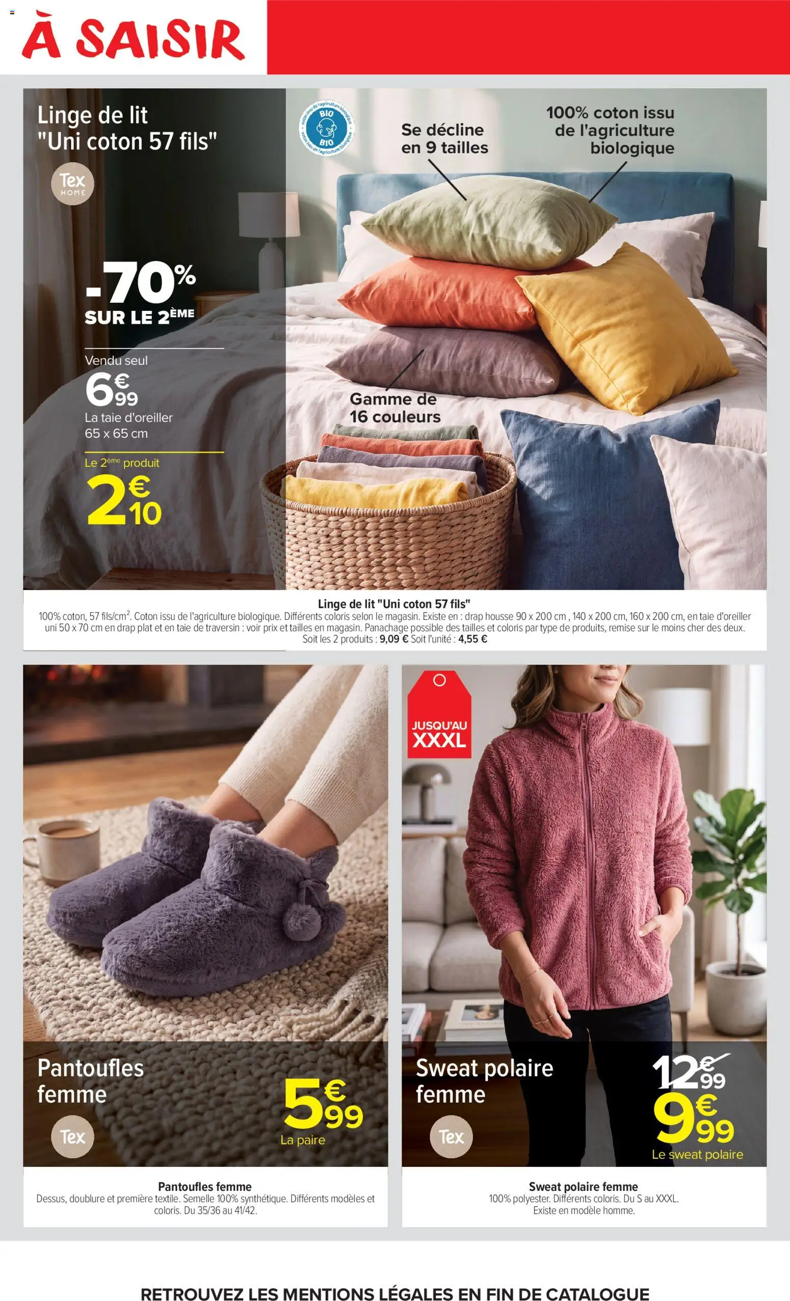 Prévisualisation de Carrefour Market catalogue du magasin Carrefour Market formulaire valide 27/10/2026 - Lit, Drap housse, Linge de lit, Coton, Polaire, Pantoufles femme, Drap plat, Taie d'oreiller
