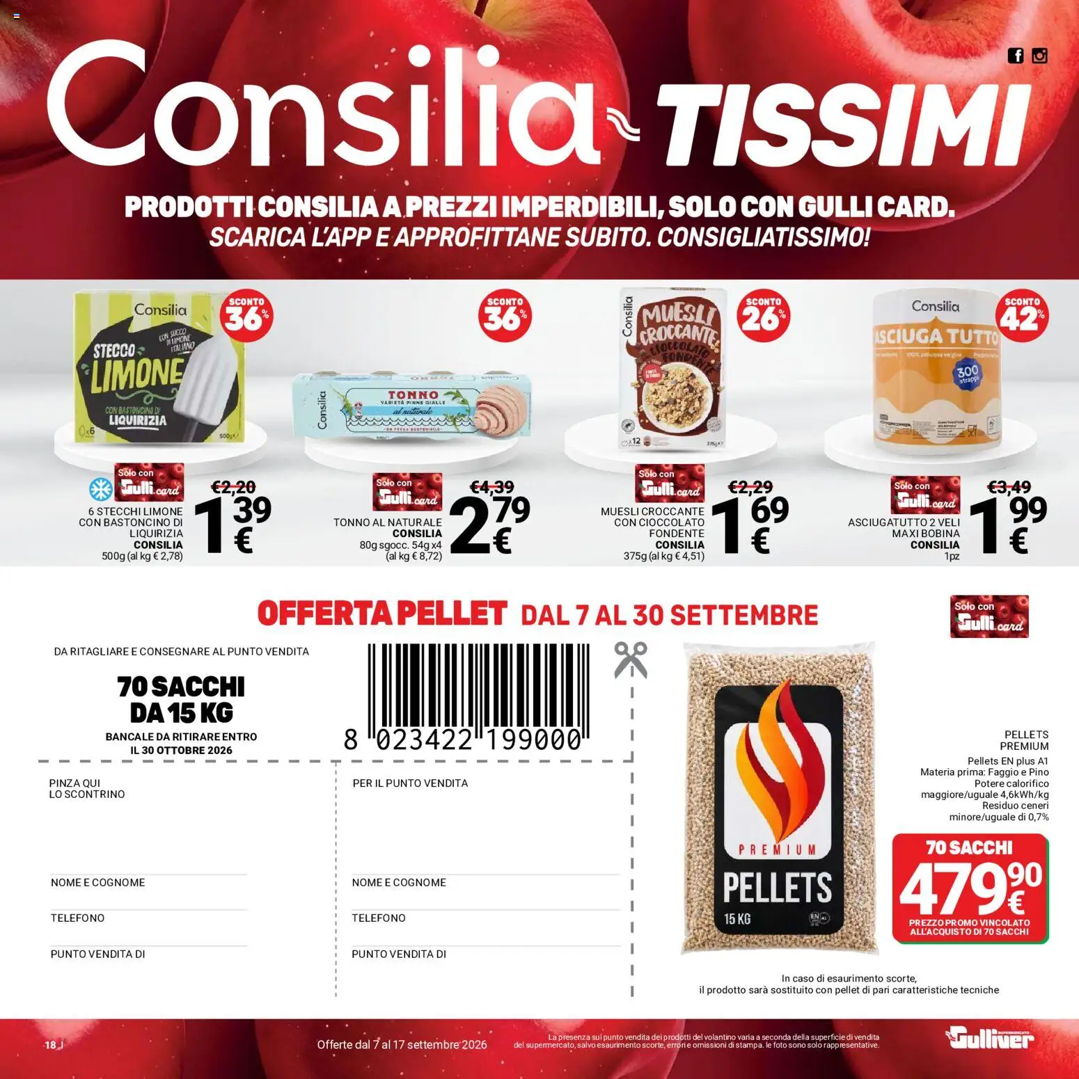 Anteprima dell'opuscolo Gulliver volantino dal negozio Gulliver valido da 07/09/2026 - Telefono, Limone, Cioccolato, Pellet, Tonno, Muesli, Succo, Asciugatutto
