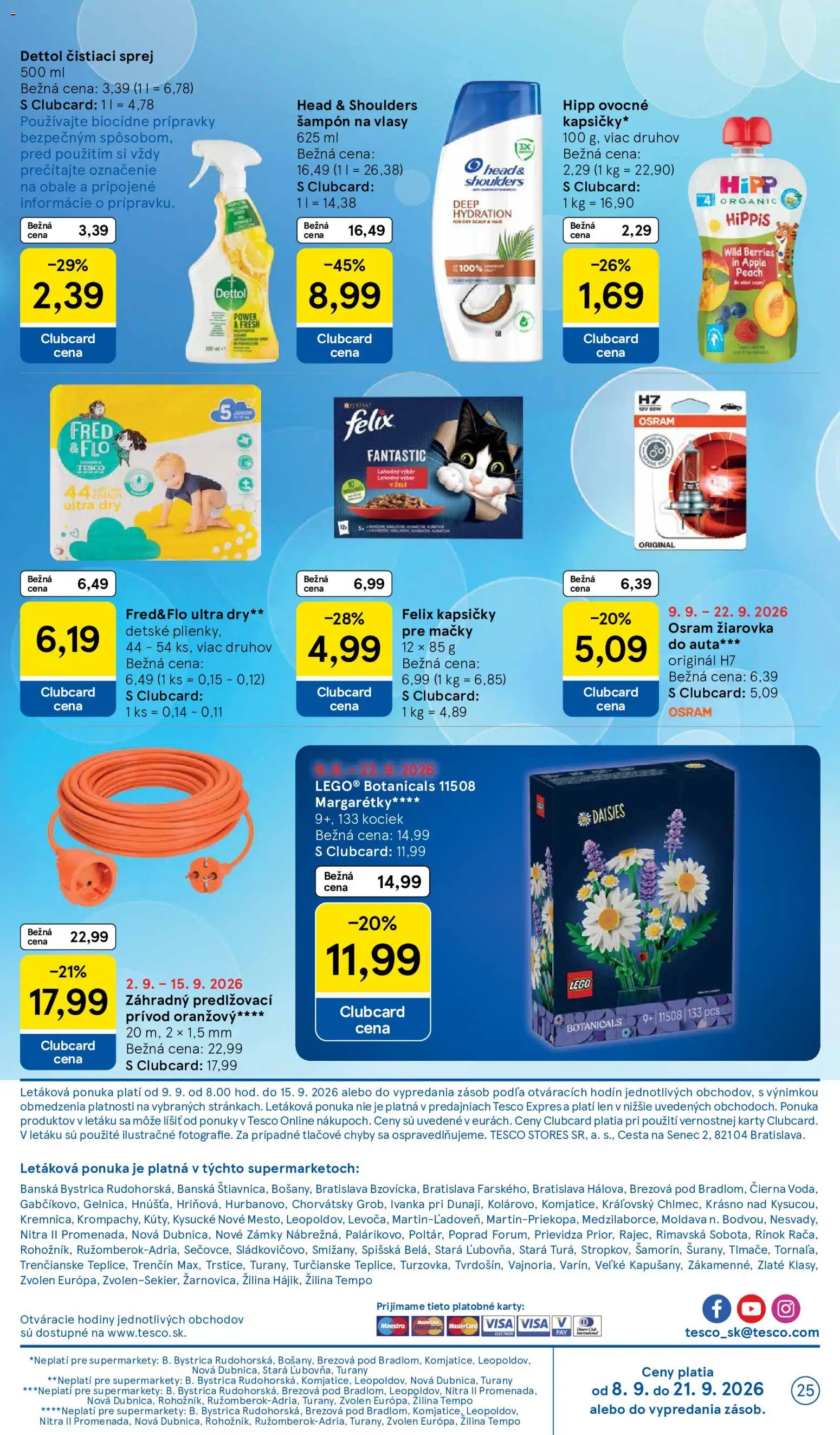 Náhľad Tesco letáku platného od 09.09.2026 - Apple, Hodiny, Felix, Žiarovka, Šampón, Kapsičky pre mačky, Head & Shoulders, Kapsičky