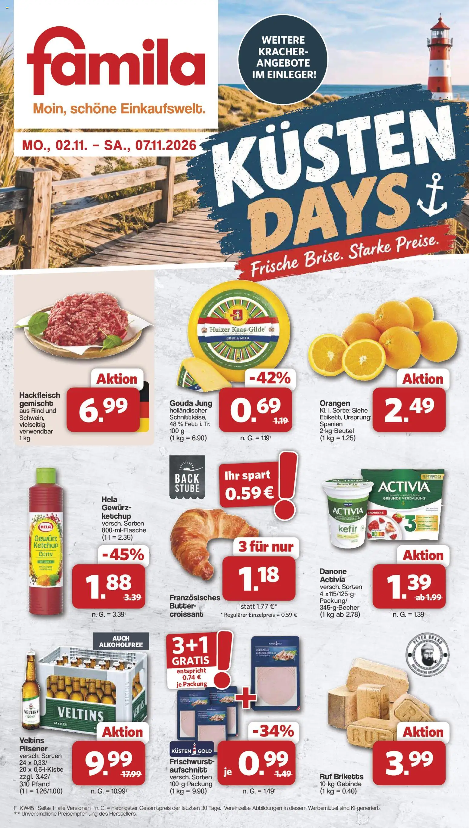 Vorschau von dem Prospekt des Geschäftes Famila Nordwest, gültig ab dem 02.11.2026 - Butter, Croissant, Kefir, Veltins, Ketchup, Gouda, Orangen, Activia