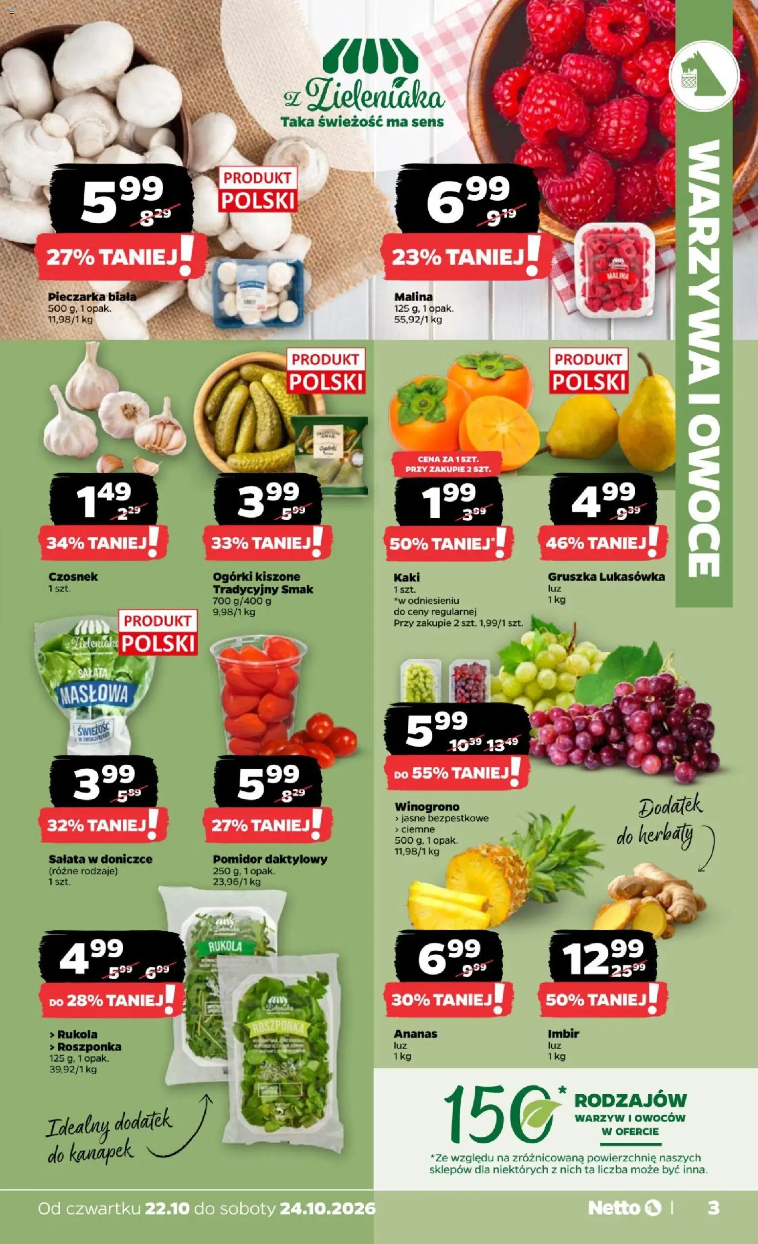 Pogląd gazetki "Netto gazetka od czwartku" ze sklepu Netto ważnej od 22.10.2026 - Kaki, Warzywa, Rukola, Gruszka, Czosnek, Roszponka, Winogrono, Sałata