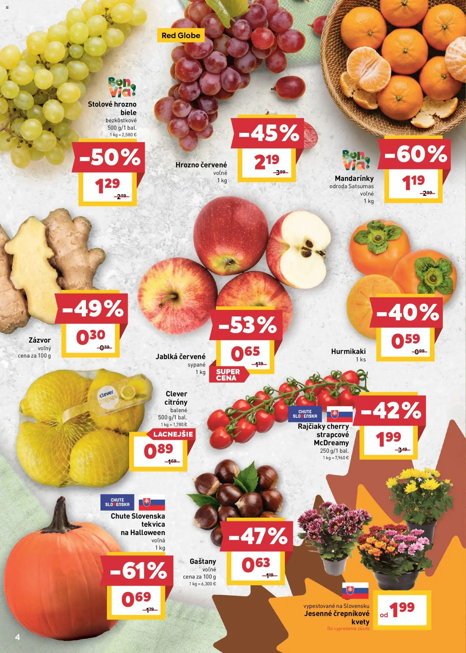 Náhľad Billa letáku platného od 21.10.2026 - Kvety, Tekvica, Hrozno, Zázvor, Jablká, Gaštany, Mandarinky, Citróny