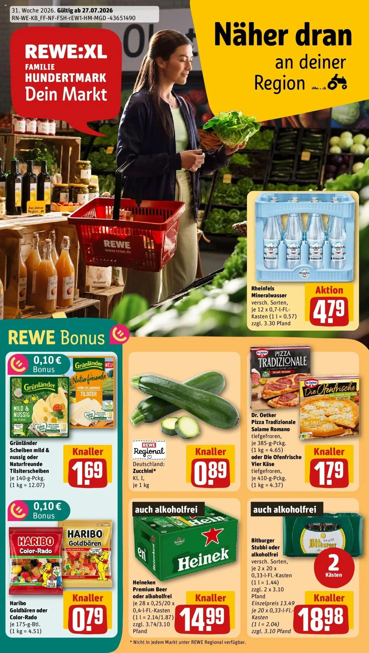 Vorschau von dem Prospekt des Geschäftes Rewe, gültig ab dem 27.07.2026 - Pizza, Käse, Haribo, Mineralwasser, Heineken, Bitburger, Ofenfrische, Grunlander