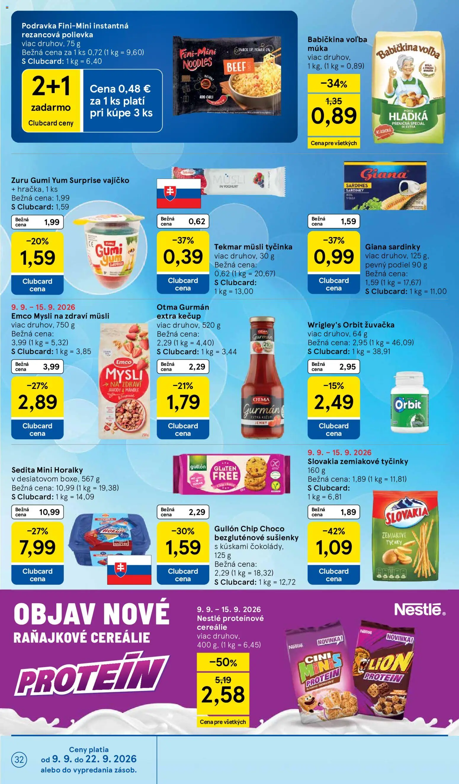 Náhľad Tesco letáku platného od 09.09.2026 - Protein, Jahody, Kečup, Sardinky, Müsli, Cereálie, Müsli tyčinka, Horálky