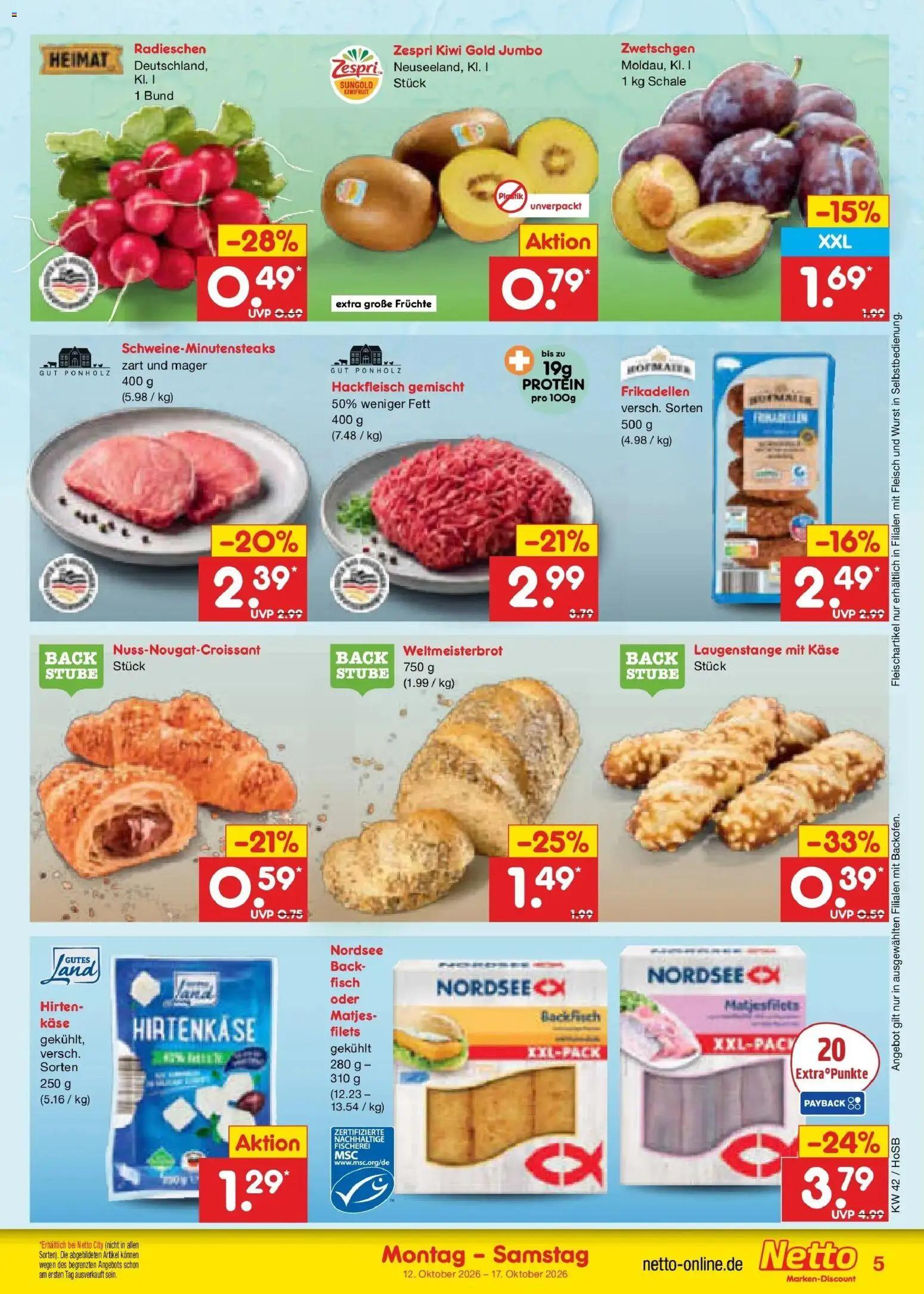 Vorschau von dem Prospekt des Geschäftes Netto Marken-Discount, gültig ab dem 12.10.2026 - Käse, Fisch, Wurst, Kiwi, Fleisch, Hackfleisch, Zwetschgen