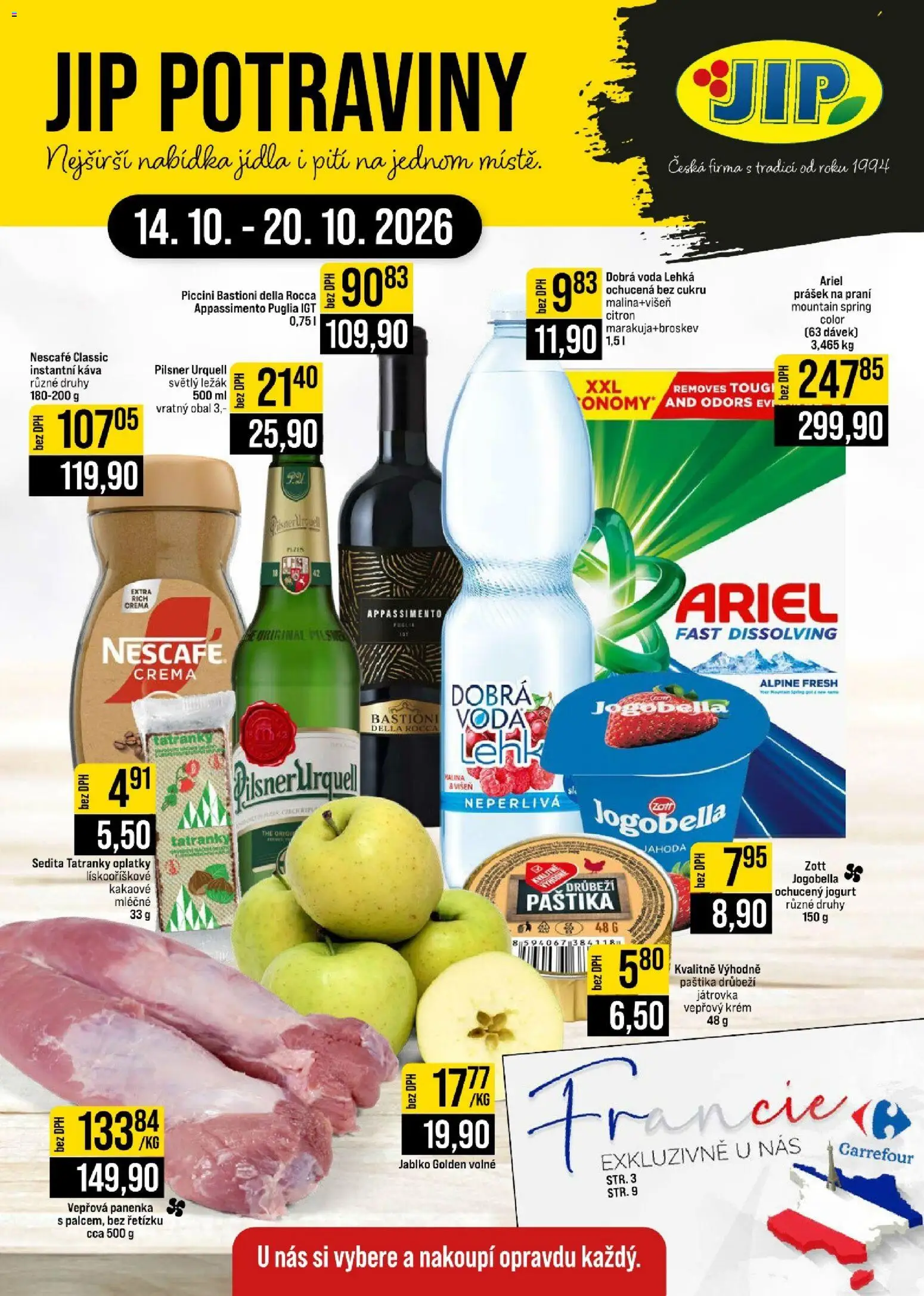 Náhled nabídky: Jip Jip leták - Cash & Carry platný od 14.10.2026 - Pilsner Urquell, Vepřová panenka, Jogurt, Citron, Dobrá voda, Instantní káva, Tatranky, Crema