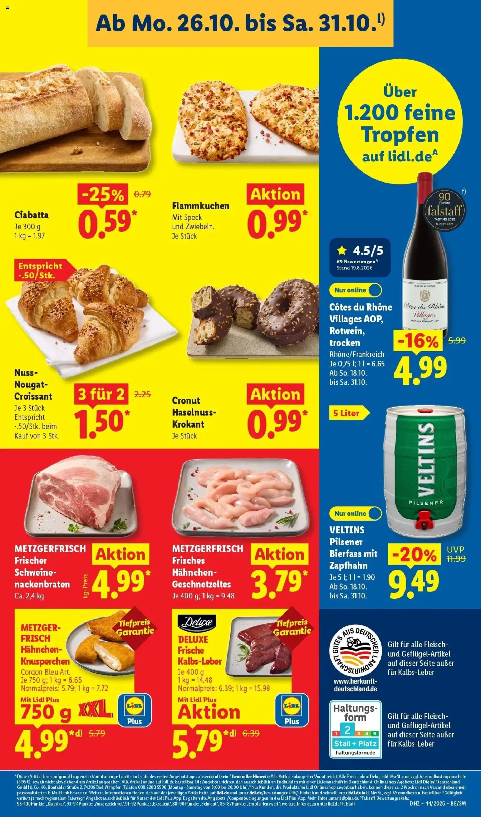 Vorschau von dem Prospekt des Geschäftes Lidl, gültig ab dem 26.10.2026 - Telefon, Bad, Croissant, Fleisch, Veltins, Rotwein, Kalbsleber, Hahnchen