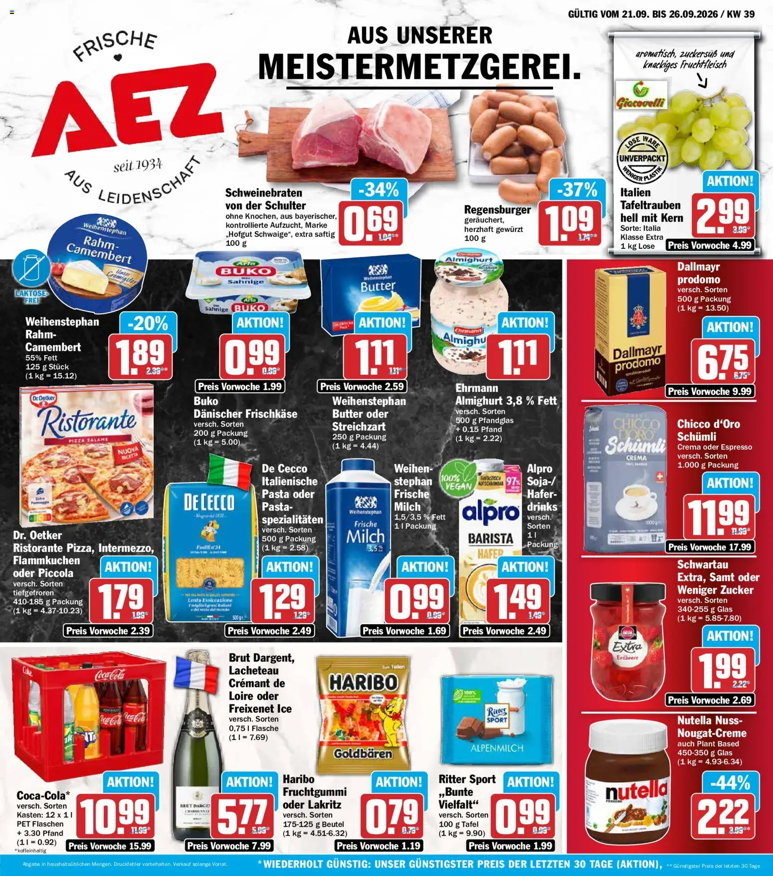Vorschau von dem Prospekt des Geschäftes AEZ, gültig ab dem 21.09.2026 - Pizza, Butter, Pasta, Haribo, Milch, Zucker, Schulter, Frischkase