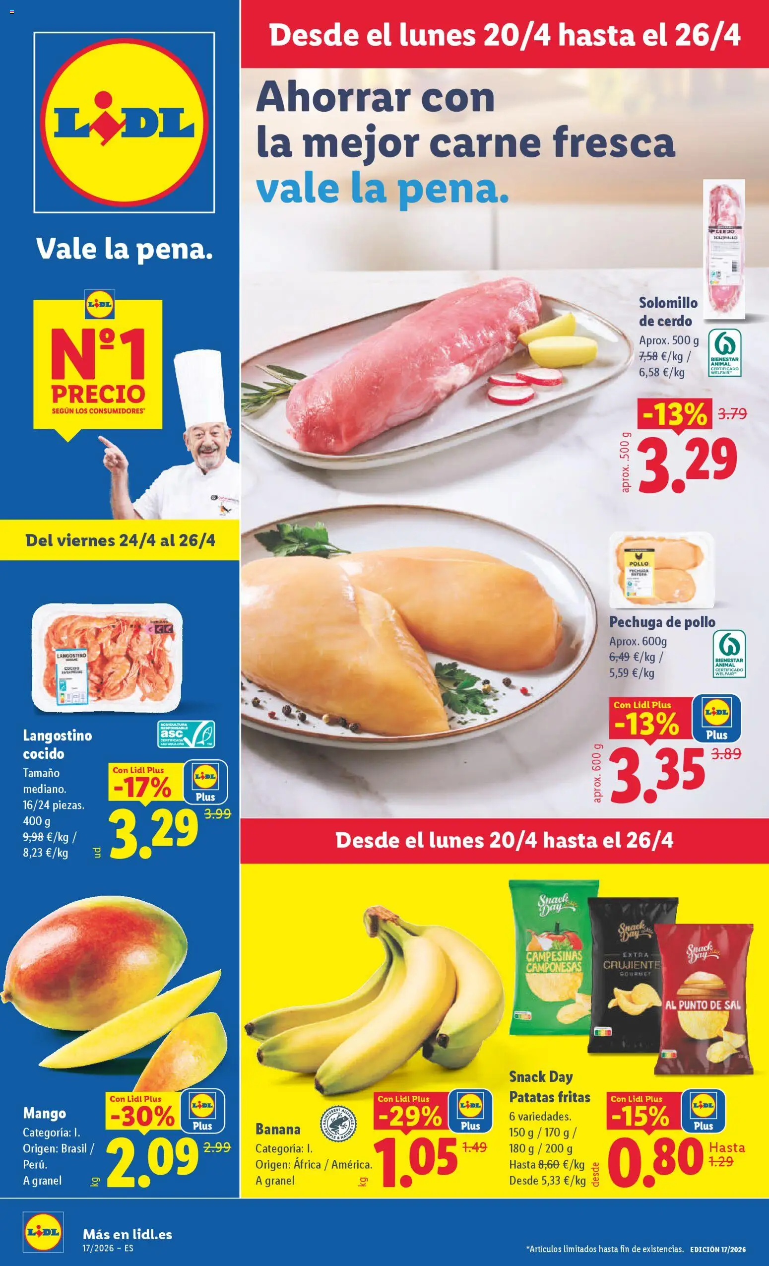 Vista previa del folleto de la tienda Lidl válido desde el 20/04/2026 - Mango, Patatas, Carne, Solomillo de cerdo, Sal, Patatas fritas, Langostino, Pollo