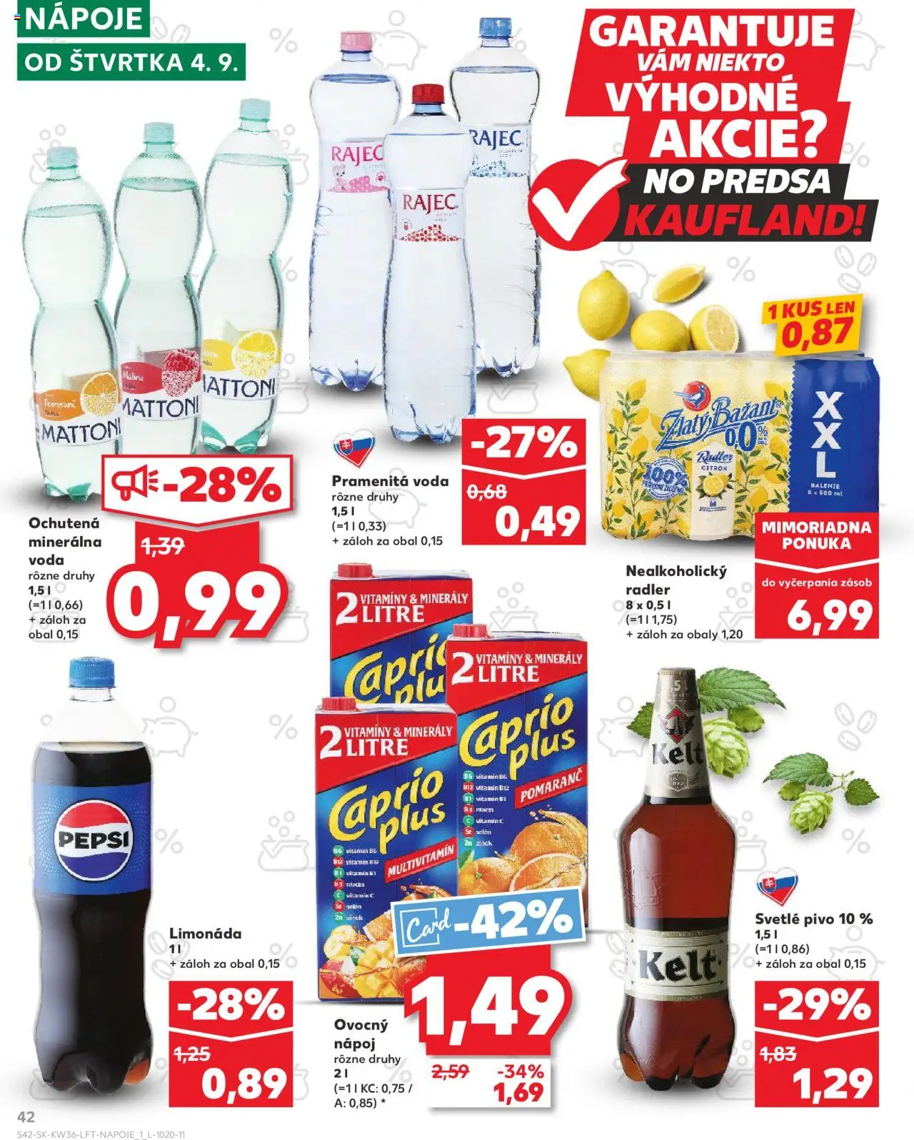 Náhľad Kaufland letáku platného od 04.09.2025 - Rajec, Voda, Pivo, Pepsi, Mattoni, Zlatý Bažant, Minerálna voda, Nápoje