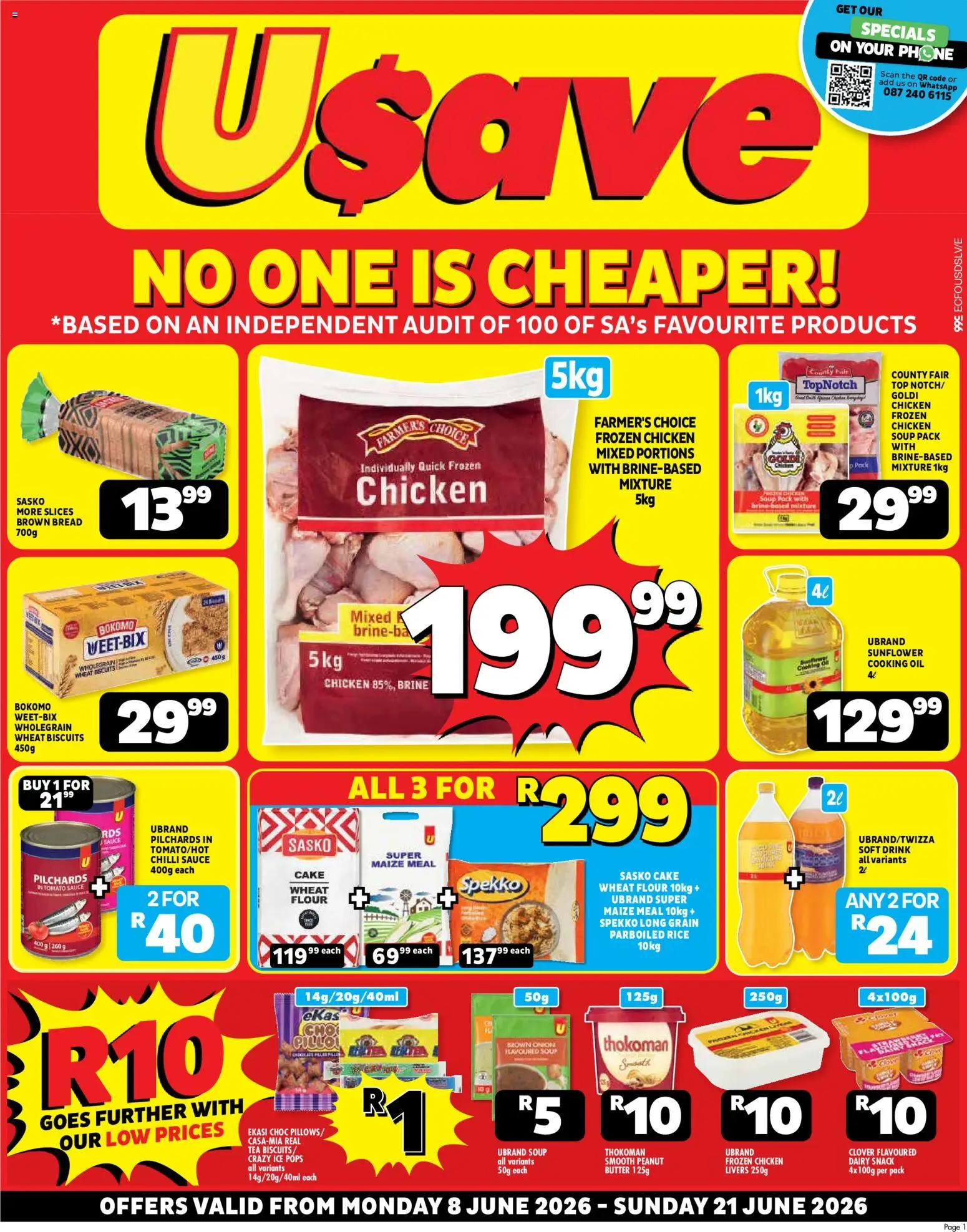 Preview of Usave flyer valid from 08/06/2026 - Cake, Butter, Oil, Biscuits, Rice, Maize meal, Tomato sauce, Frozen chicken