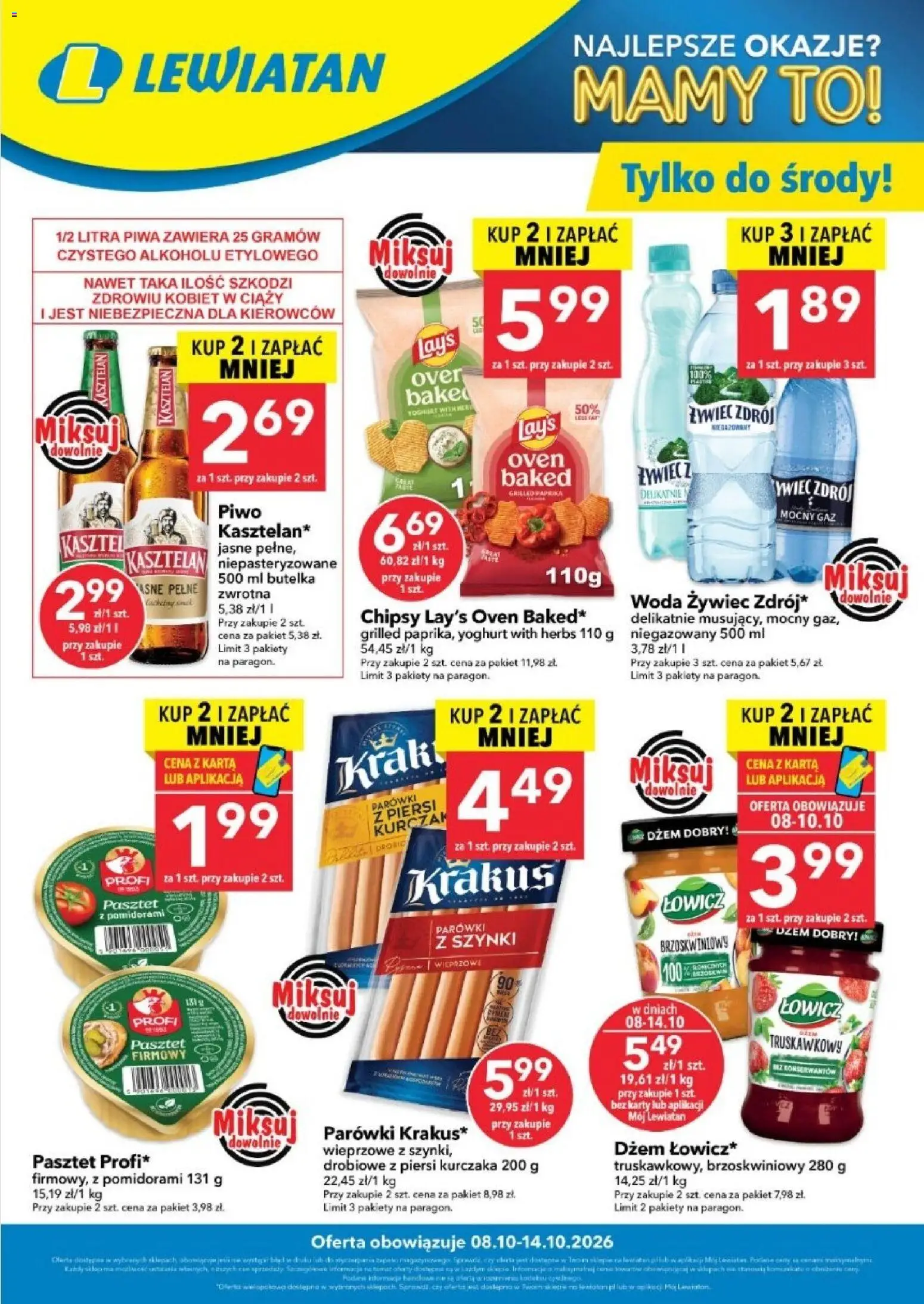 Pogląd gazetki "Lewiatan gazetka - W wielopakach taniej" ze sklepu Lewiatan ważnej od 08.10.2026 - Woda, Piwo, Dżem, Chipsy, Kurczak, Piersi, Parówki, Parówki z szynki