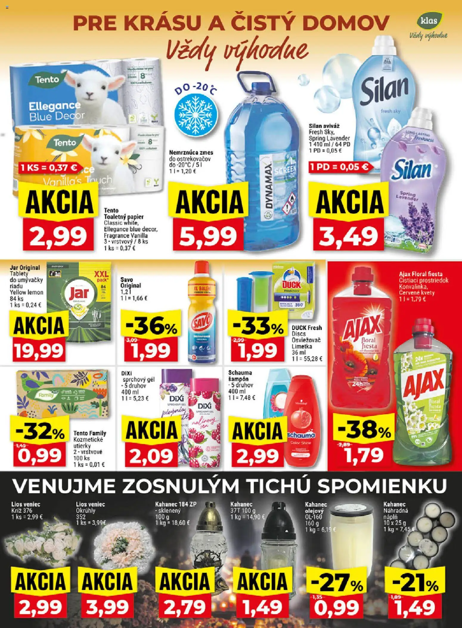 Náhľad Klas letáku platného od 19.10.2026 - Kvety, Jar, Tablety do umývačky, Šampón, Limetka, Silan, Čistiaci prostriedok, Utierky