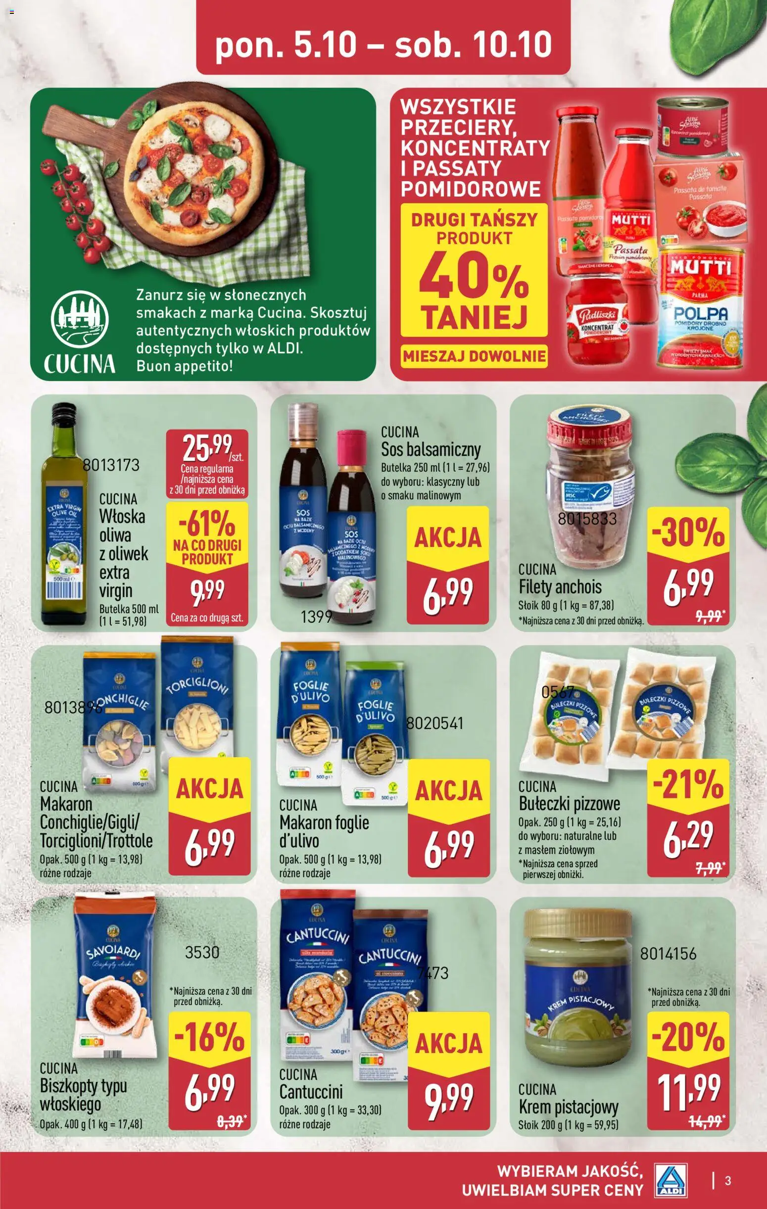 Pogląd gazetki "Aldi gazetka - Smakowita podróż do Włoch" ze sklepu Aldi ważnej od 05.10.2026 - Krem, Anchois, Sos, Sos balsamiczny, Pomidory, Biszkopty, Passata, Cantuccini