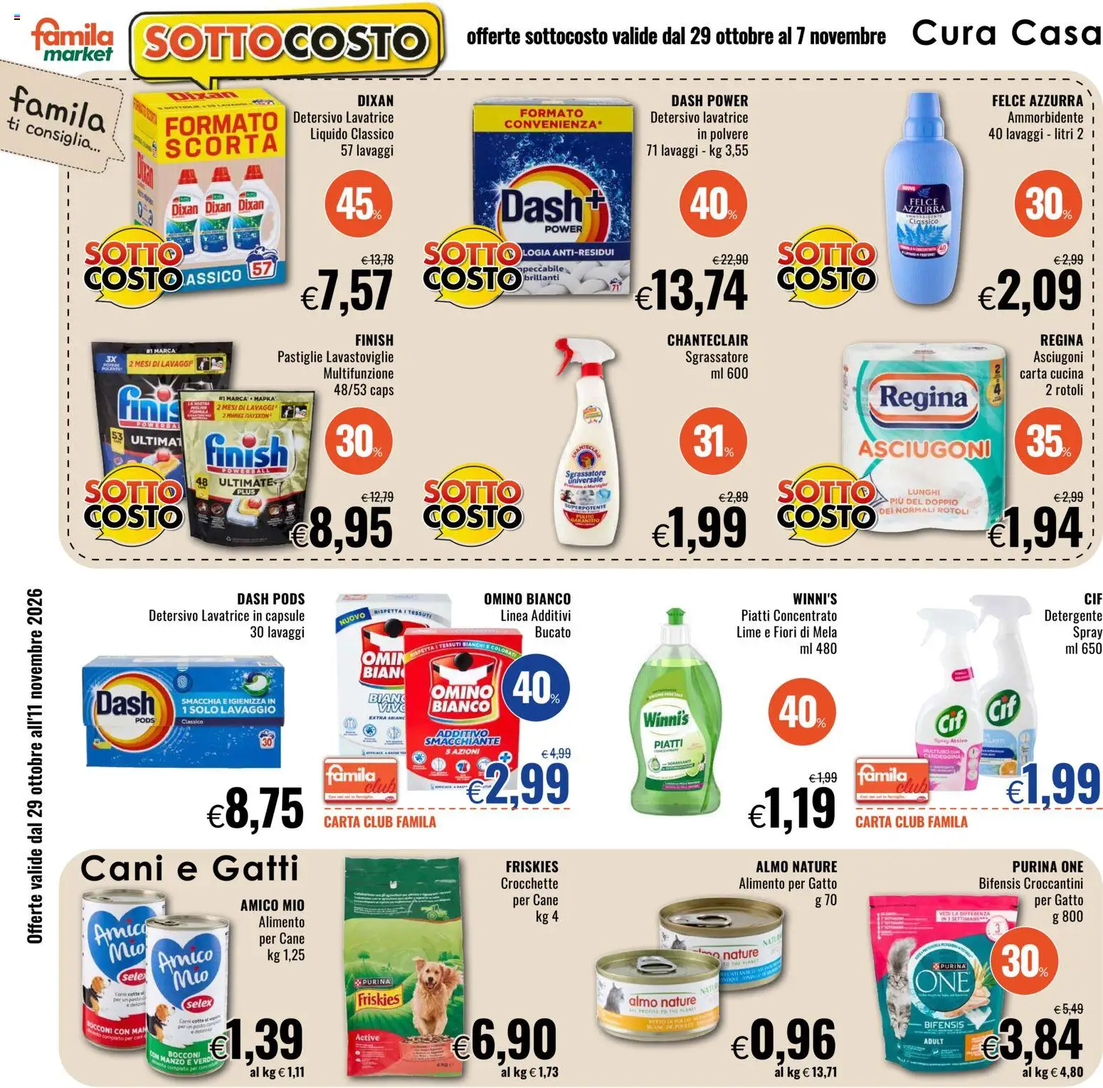 Anteprima dell'opuscolo Famila volantino Market dal negozio Famila valido da 29/10/2026 - Lavatrice, Lime, Lavastoviglie, Piatti, Manzo, Candeggina, Ammorbidente, Sgrassatore