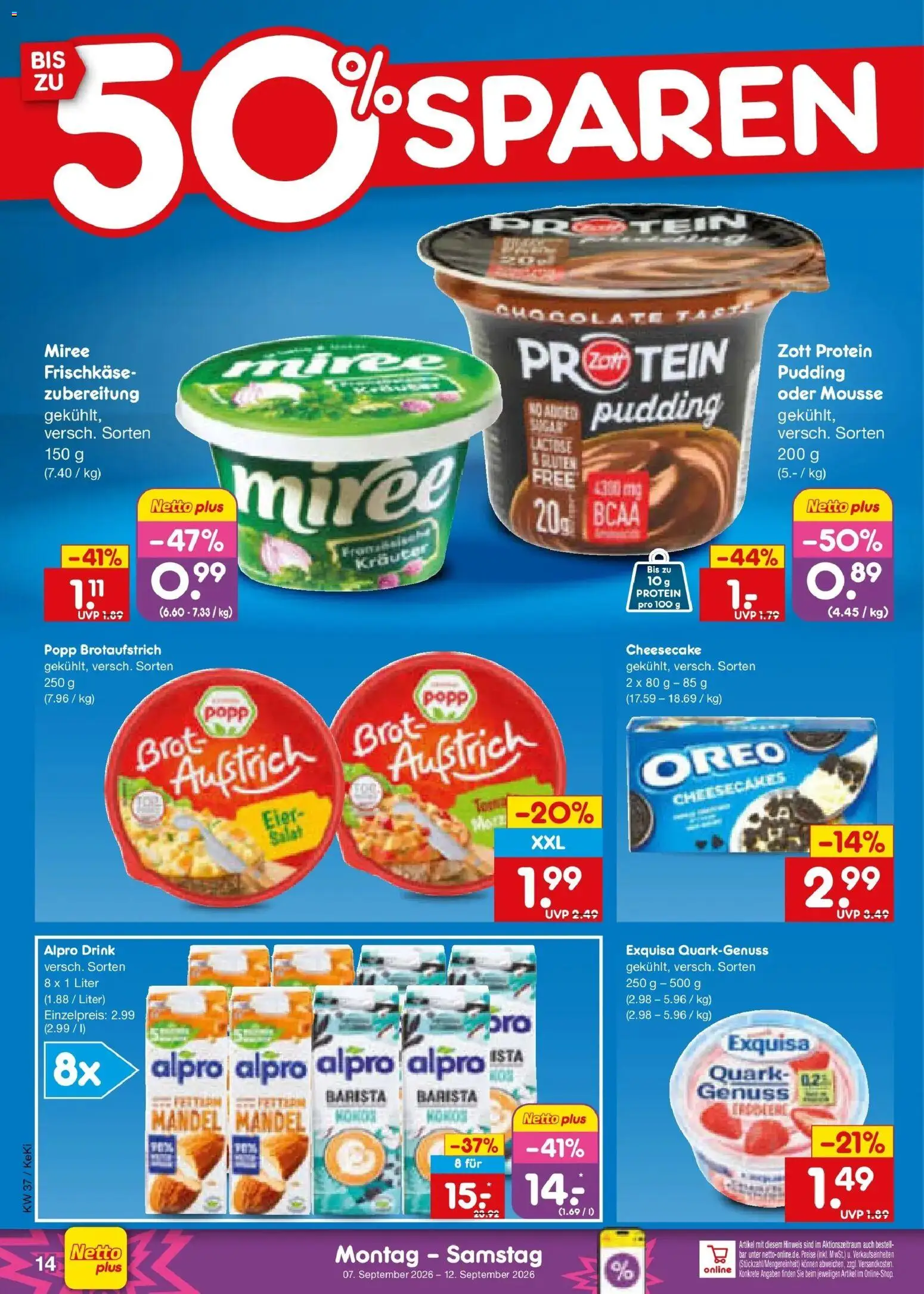 Vorschau von dem Prospekt des Geschäftes Netto Marken-Discount, gültig ab dem 07.09.2026 - Salat, Quark, Brot, Eier, Pudding, Alpro, Exquisa, Frischkase