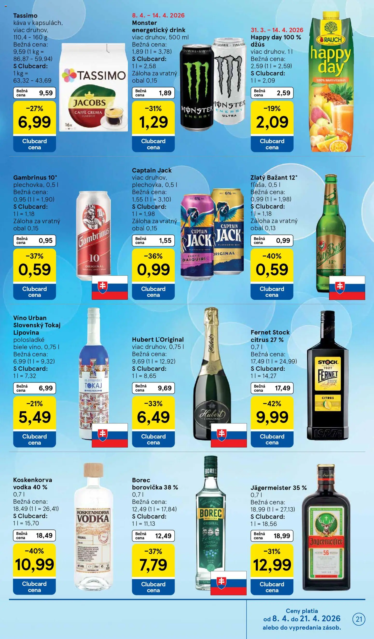 Náhľad Tesco letáku platného od 08.04.2026 - Káva, Víno, Borovička, Fernet, Multivitamín, Džús, Tassimo, Fernet Stock