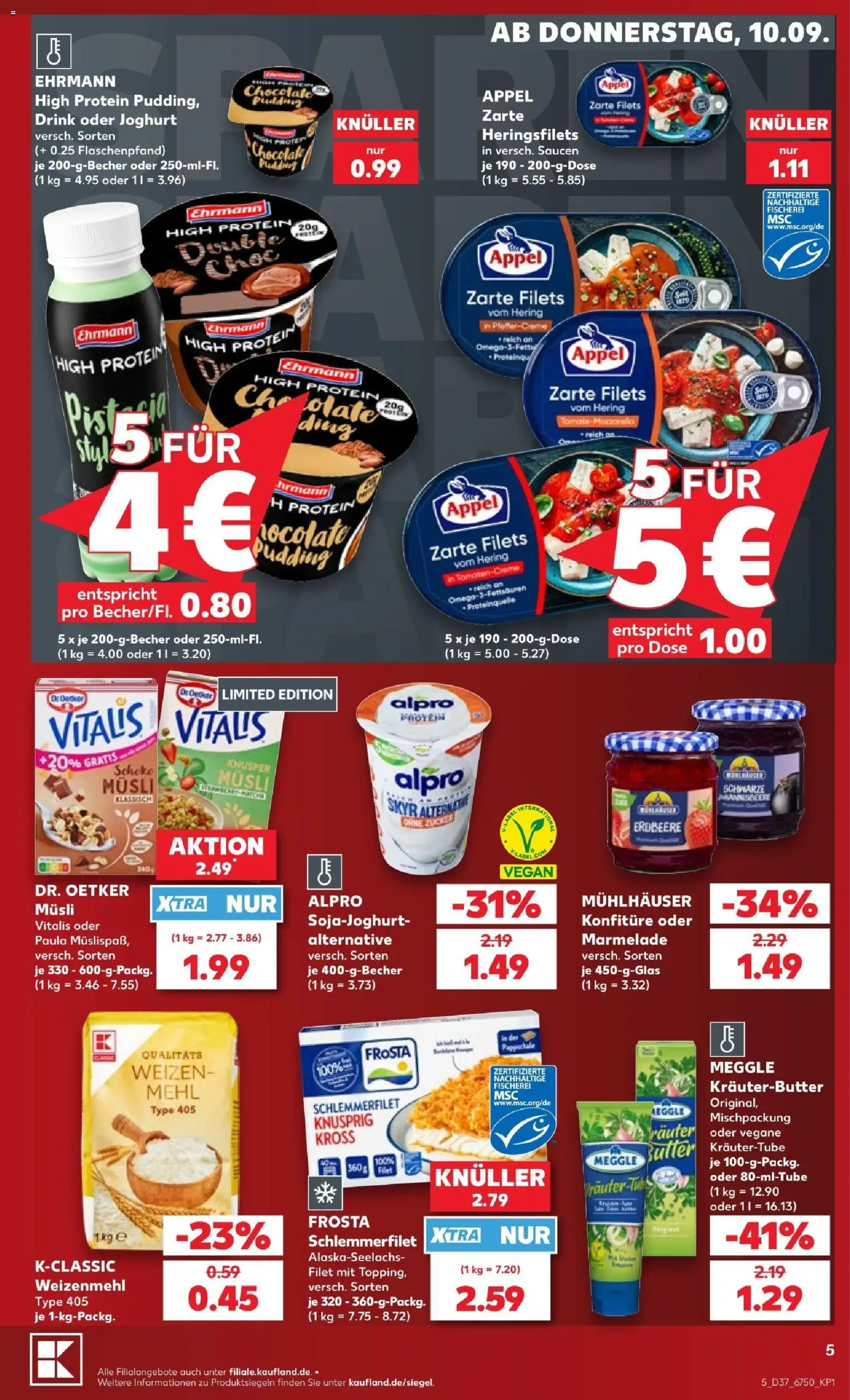 Vorschau von dem Prospekt des Geschäftes Kaufland, gültig ab dem 10.09.2026 - Joghurt, Mehl, Frosta, Zucker, Marmelade, Kräuterbutter, Alpro, Musli