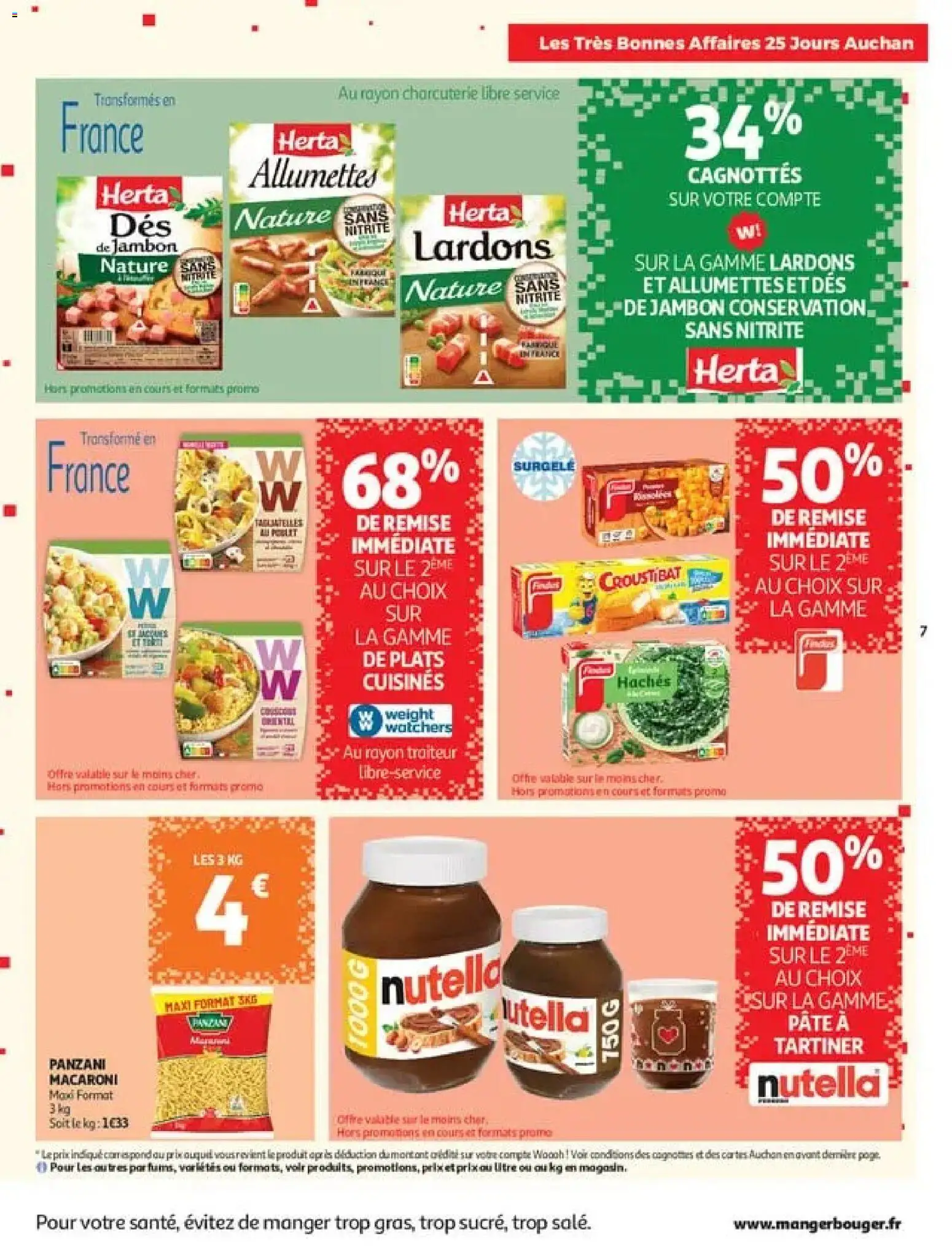 Prévisualisation de Auchan 25 jours 2 hypers du magasin Auchan formulaire valide 03/11/2026 - Nutella, Pâte, Macaroni, Olive, Bacon, Plats cuisinés, Dés de jambon, Allumettes
