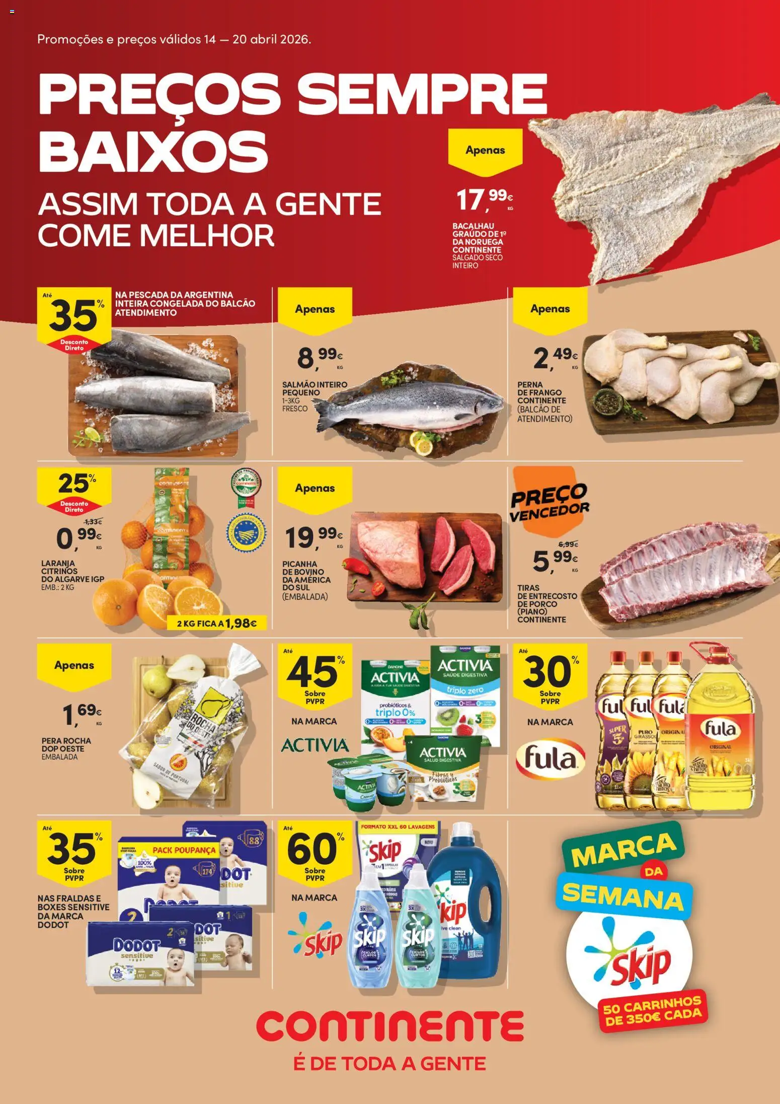 Pré-visualização do folheto da loja Continente válida a partir de 14/04/2026 - Bacalhau, Frango, Probióticos, Iogurte, Fraldas, Pescada, Detergente, Salmão
