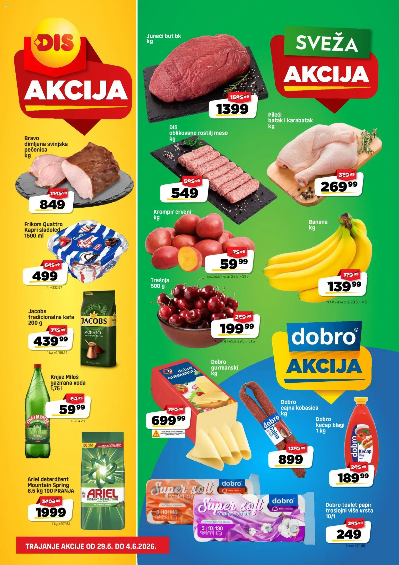 Pregled DIS kataloga - važi od 29.05.2026 - Roštilj, Kafa, Banana, Krompir, Voda, Kobasica, Deterdžent, Kečap