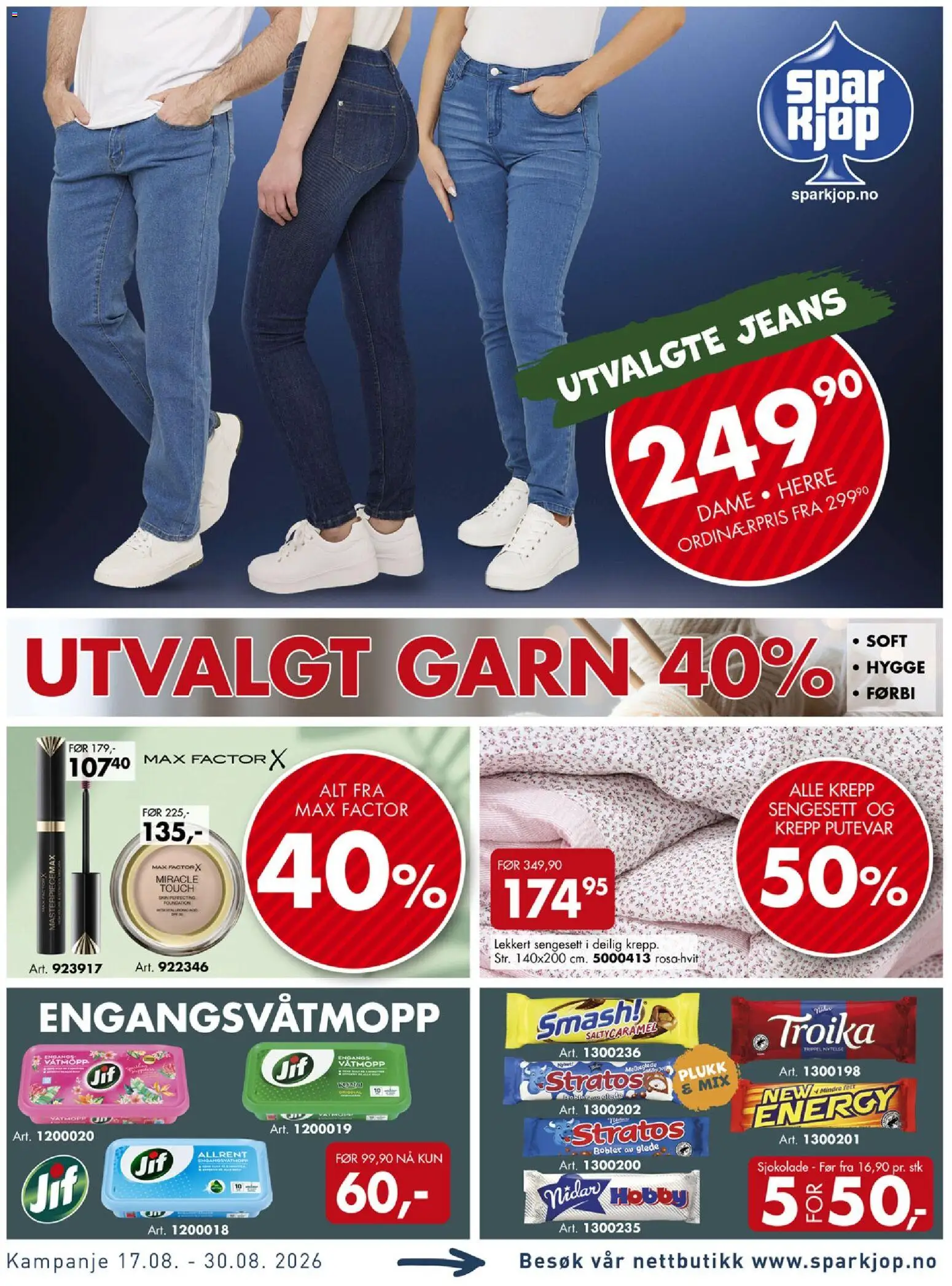 Forhåndsvis Spar Kjøp kundeavis fra butikk Spar Kjøp gyldig fra 17/08/2026 - Sjokolade, Engangsvåtmopp, Garn, Jeans