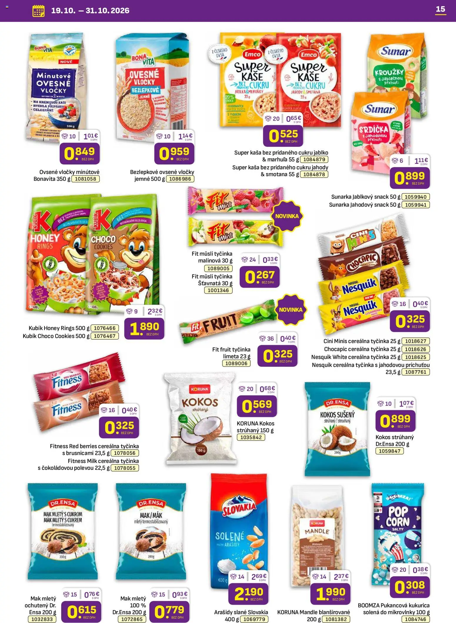Náhľad Libex letáku platného od 19.10.2026 - Kokos, Mandle, Sunar, Arašidy, Nesquik, Kaša, Müsli, Müsli tyčinka