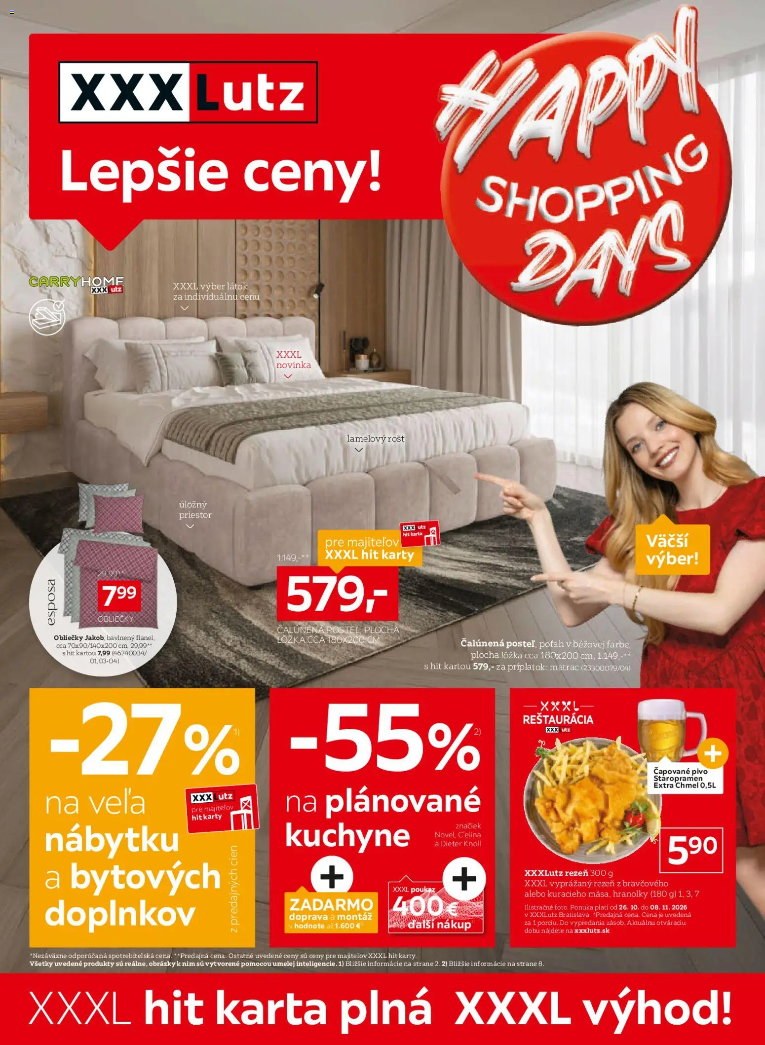 Náhľad XXXLutz letáku platného od 26.10.2026 - Pivo, Obliečky, Kuchyne, Matrac, Hranolky, Staropramen, Rošt