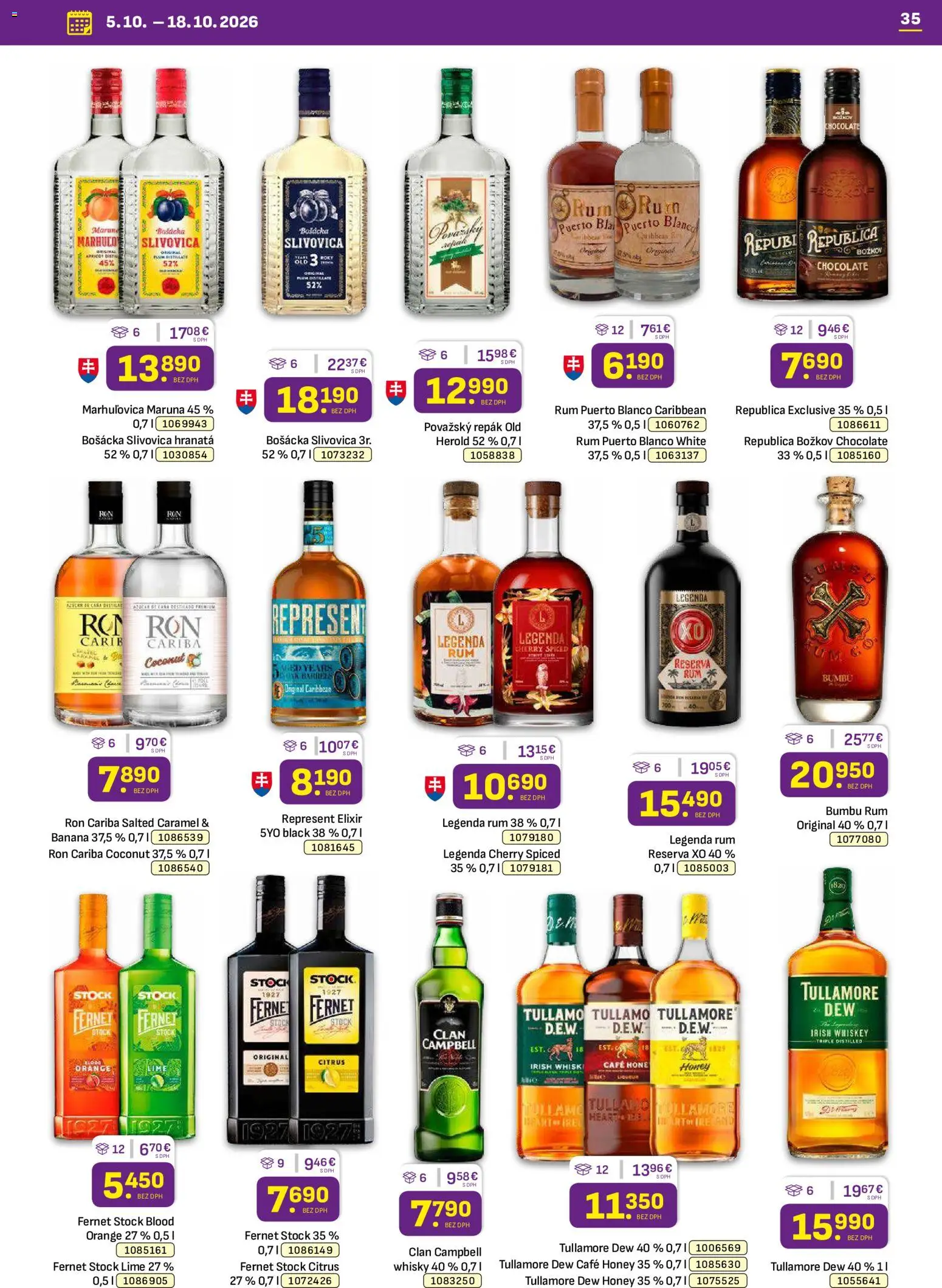 Náhľad Libex letáku platného od 05.10.2026 - Rum, Whisky, Slivovica, Fernet, Fernet Stock, Tullamore Dew Honey, Božkov, Republica