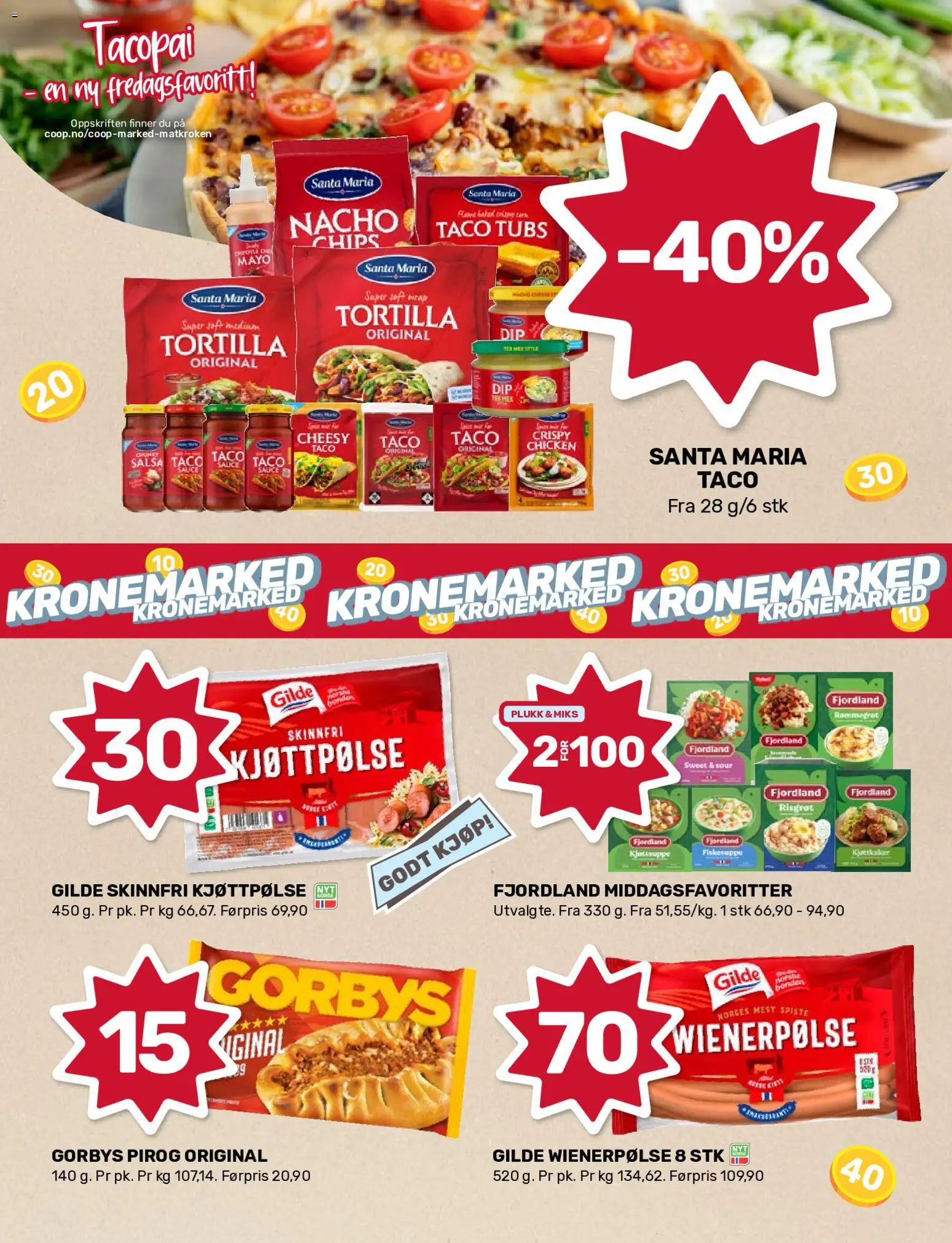 Forhåndsvis Coop Marked kundeavis fra butikk Coop Marked gyldig fra 26/10/2026 - Fjordland, Nacho chips, Chips, 1, Fjordland risgrøt, Tortilla, Fiskesuppe, Taco