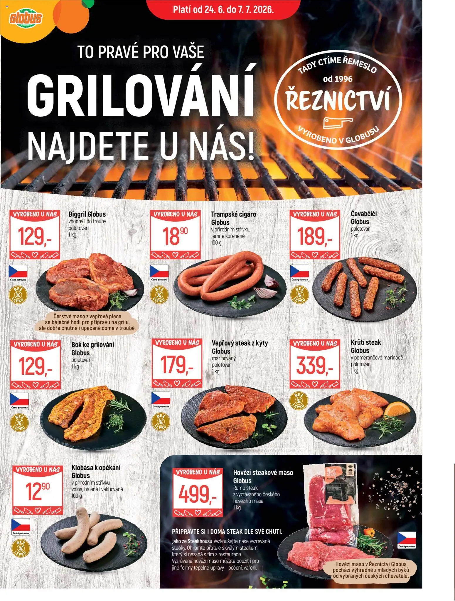 Náhled nabídky: Globus Globus leták - Grilování platný od 24.06.2026 - Globus, Maso, Steak, Hovězí maso, Rump steak, Klobása, Grilování, Vepřový steak