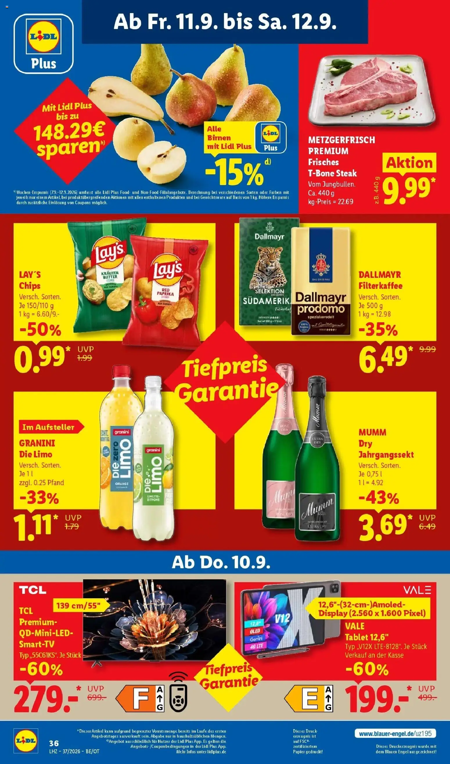 Vorschau von dem Prospekt des Geschäftes Lidl, gültig ab dem 07.09.2026 - Chips, Tablet, Steak, Dallmayr, Paprika, Zitrone, Granini, Granini die limo