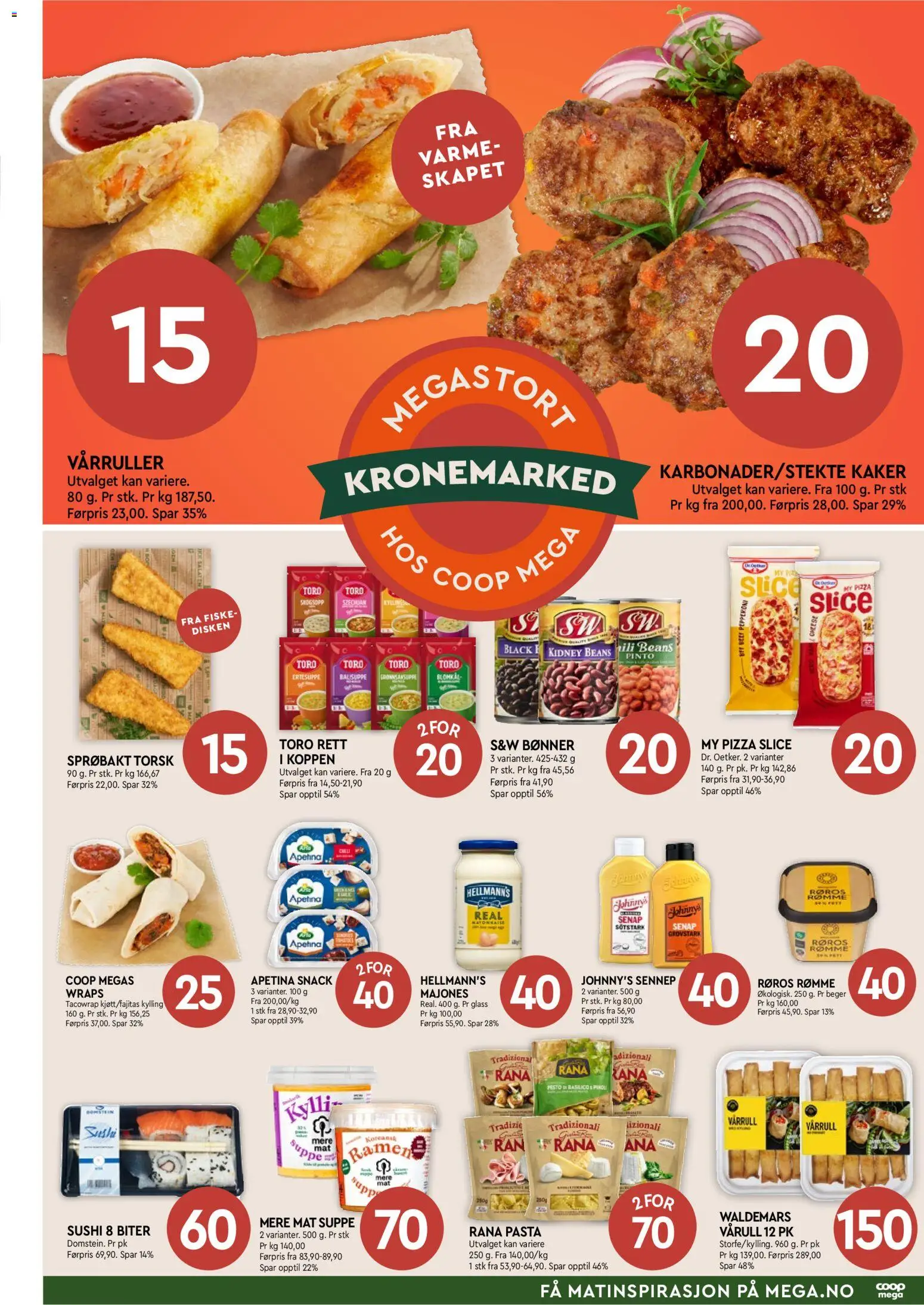 Forhåndsvis Coop Mega Mega Helg fra butikk Coop Mega gyldig fra 12/10/2026 - Bønner, Sushi, Pizza, Rømme, Blomkål, Majones, 1, Glass