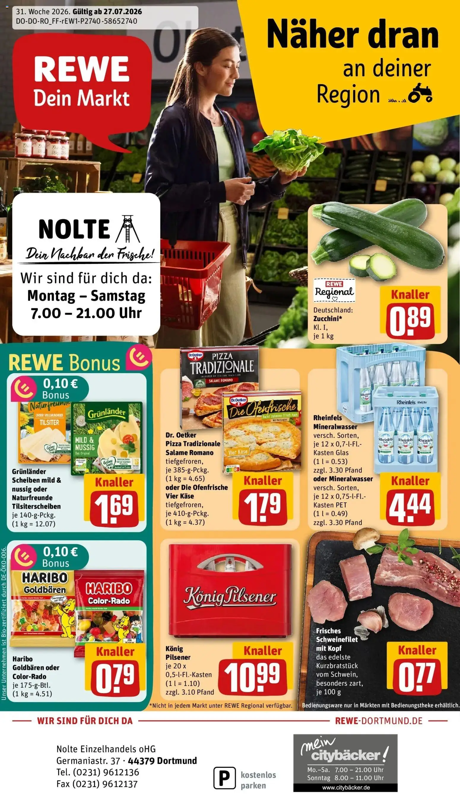 Vorschau von dem Prospekt des Geschäftes Rewe, gültig ab dem 27.07.2026 - Pizza, Uhr, Käse, Haribo, Mineralwasser, Schweinefilet, Ofenfrische, Grunlander