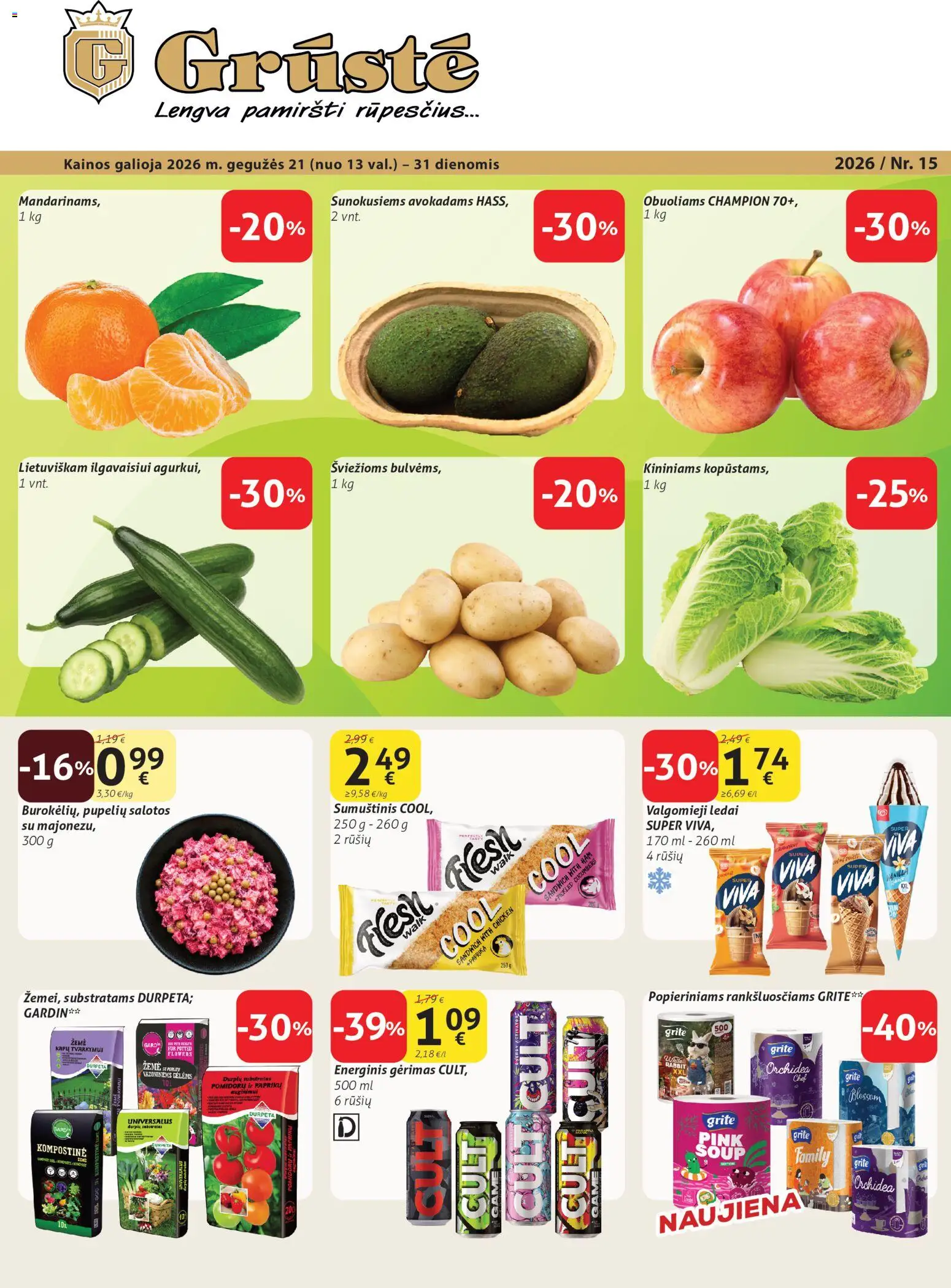 GRUSTE parduotuvės leidinio GRUSTE leidinys galiojančio nuo 2026.05.21 peržiūra - Salotos, Ledai, Paprika, Sumuštinis, Energinis gėrimas, Valgomieji ledai