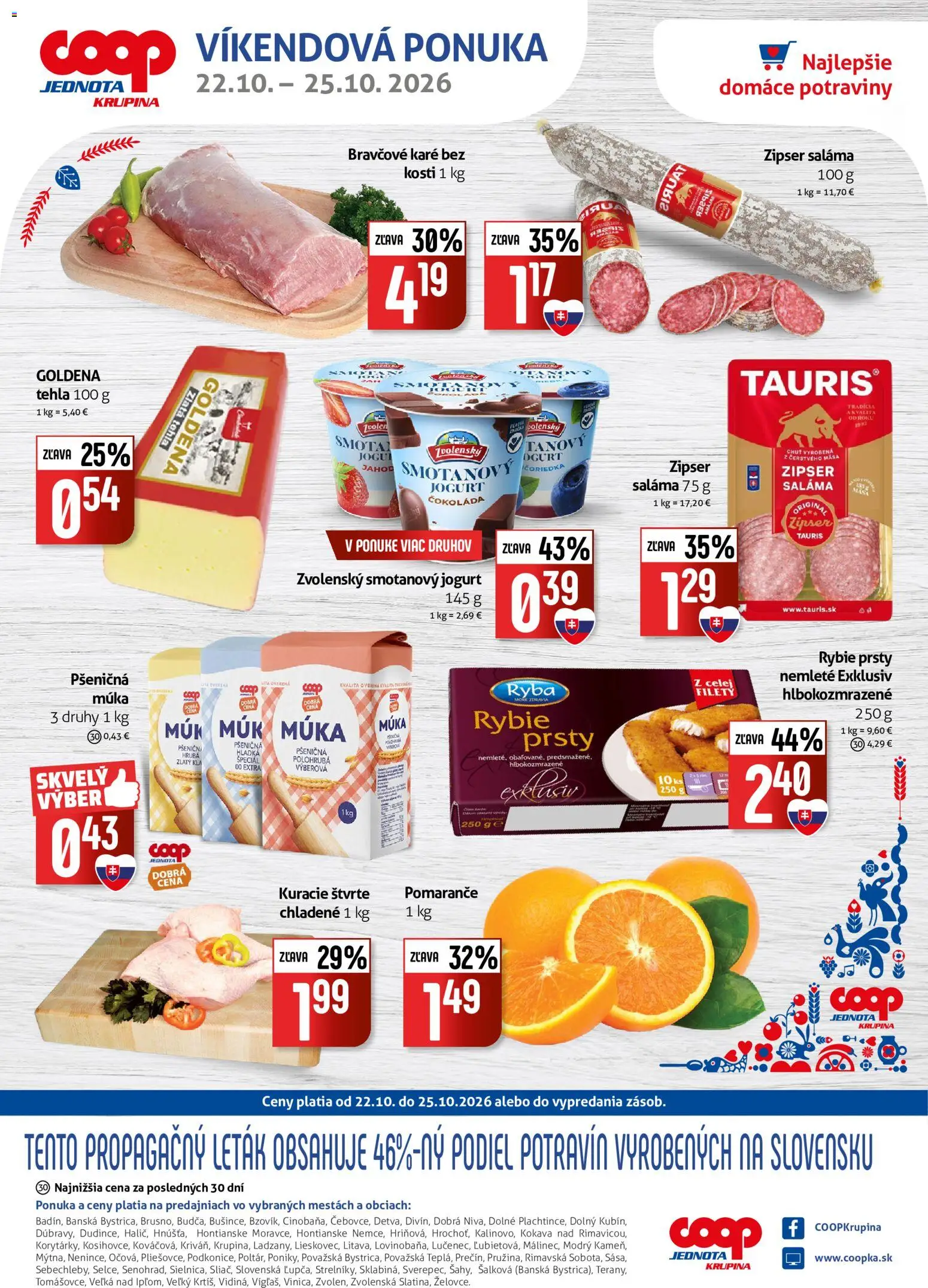 Náhľad COOP Jednota letáku platného od 22.10.2026 - Čokoláda, Ryba, Bravčové karé, Jogurt, Rybie prsty, Múka, Kuracie štvrte, Smotanový jogurt