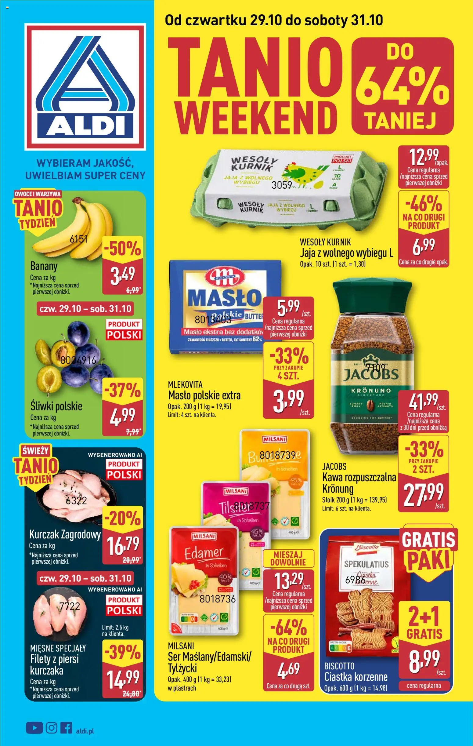 Pogląd gazetki "Aldi gazetka - Oferta weekendowa" ze sklepu Aldi ważnej od 29.10.2026 - Kawa, Warzywa, Piersi, Śliwki, Jaja, Banany, Specjały, Masło Polskie