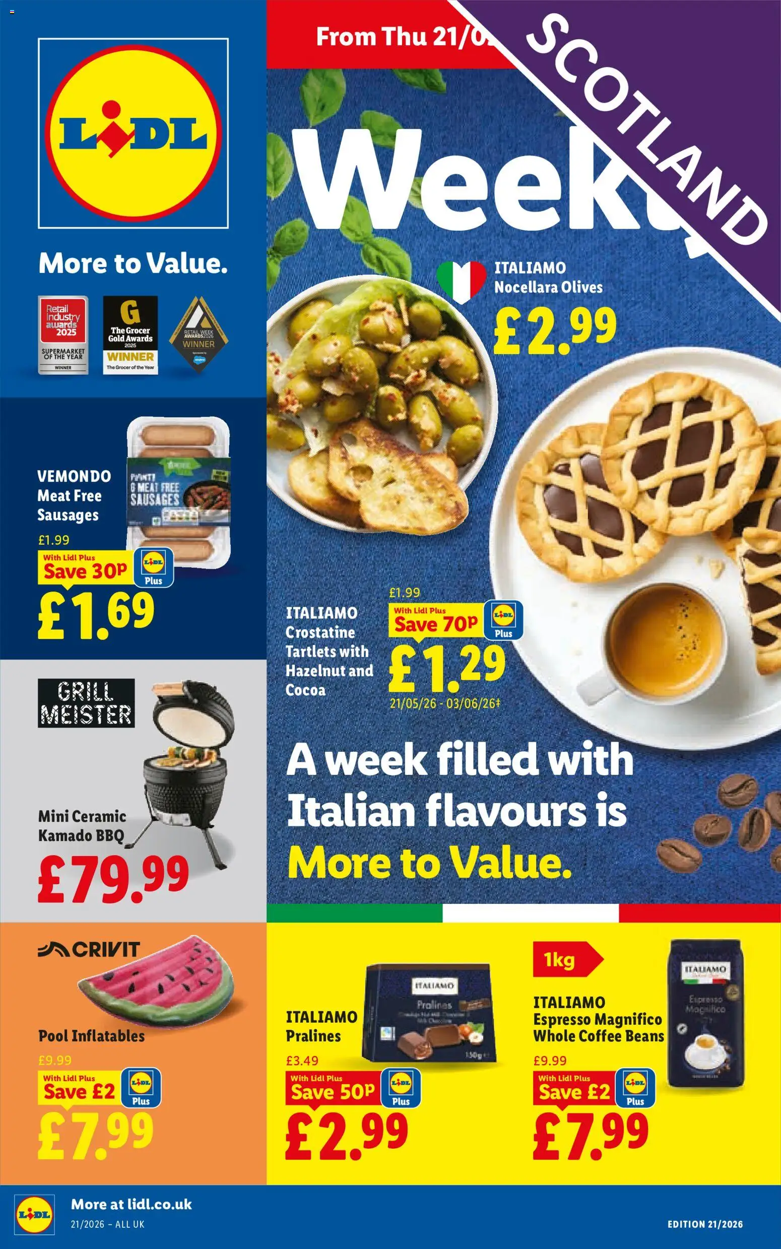 Preview of Lidl Lidl - Weekly Scotland valid from 21/05/2026 - Coffee, Cocoa, Sausages, Beans, Coffee beans, Meat, Grill, Olives