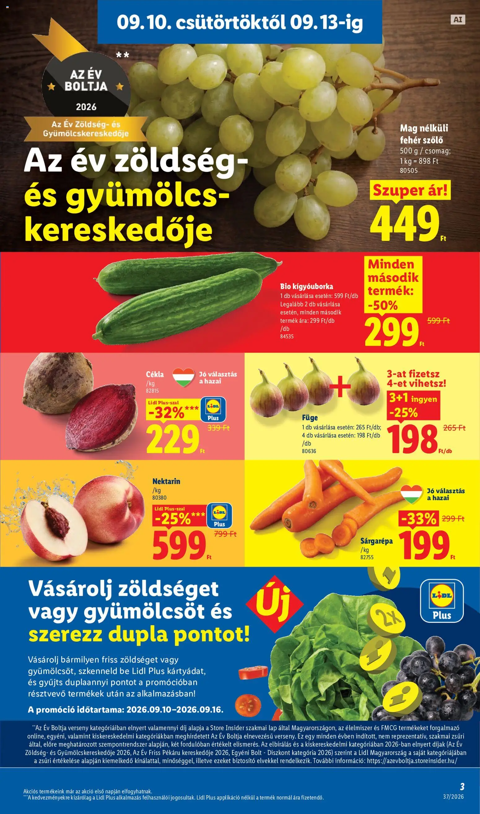 Lidl - Lidl akciós újság megtekintése, amely érvényes 2026.09.10.-től - Szőlő, Gyümölcs, Cékla, Sárgarépa, Nektarin, Lap, Kígyóuborka, Fehér szőlő