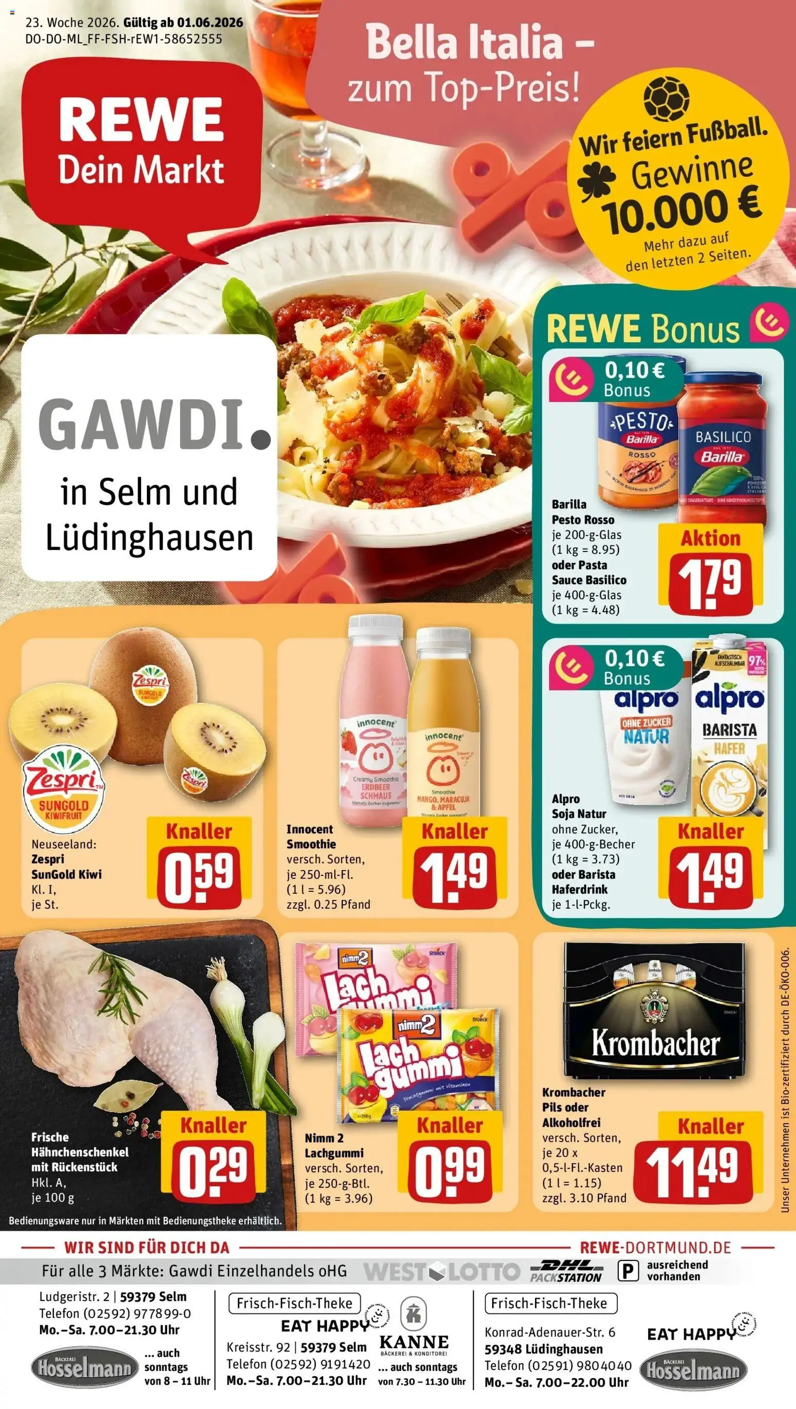 Vorschau von dem Prospekt des Geschäftes Rewe, gültig ab dem 01.06.2026 - Bäckerei, Uhr, Telefon, Äpfel, Hahnchenschenkel, Barilla, Barilla pesto, Alpro