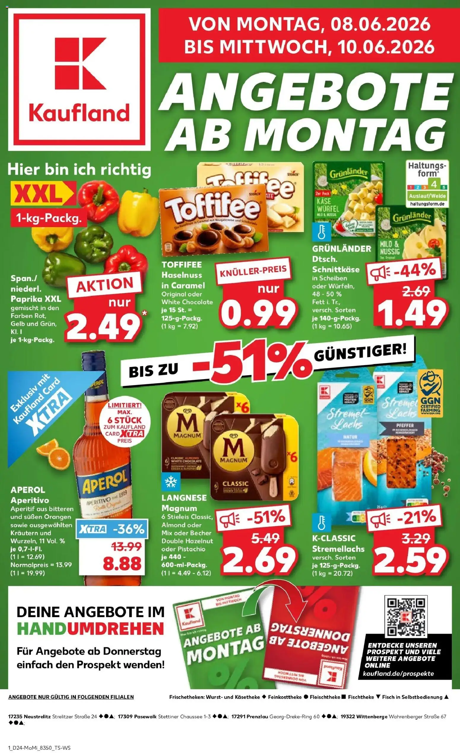 Vorschau von dem Prospekt des Geschäftes Kaufland, gültig ab dem 08.06.2026 - Fisch, Wurst, Aperol, Lachs, Paprika, Langnese, Orangen, Grunlander