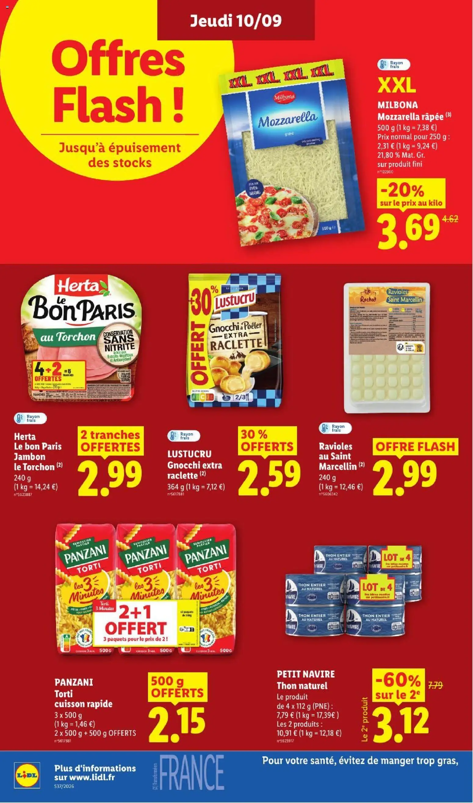 Prévisualisation de LIDL catalogue du magasin LIDL formulaire valide 10/09/2026 - Raclette, Gnocchi, Mozzarella, Jambon, Thé, Ravioli, Mozzarella râpée, Thon naturel
