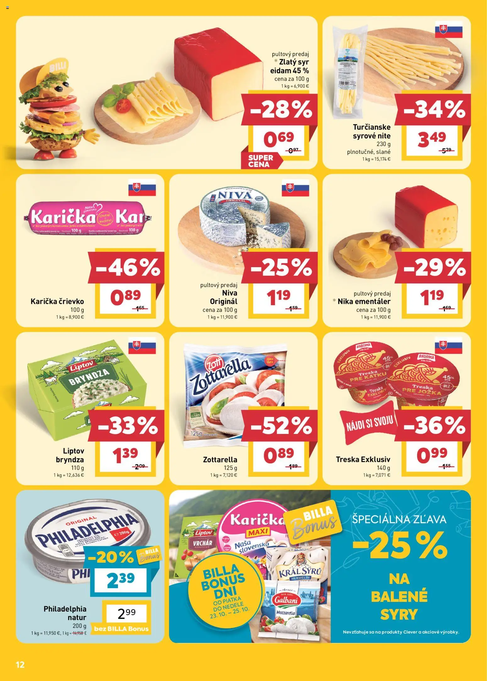 Náhľad Billa letáku platného od 21.10.2026 - Syr, Bryndza, Mozzarella, Cream cheese, Treska, Hermelín, Niva, Eidam 45%