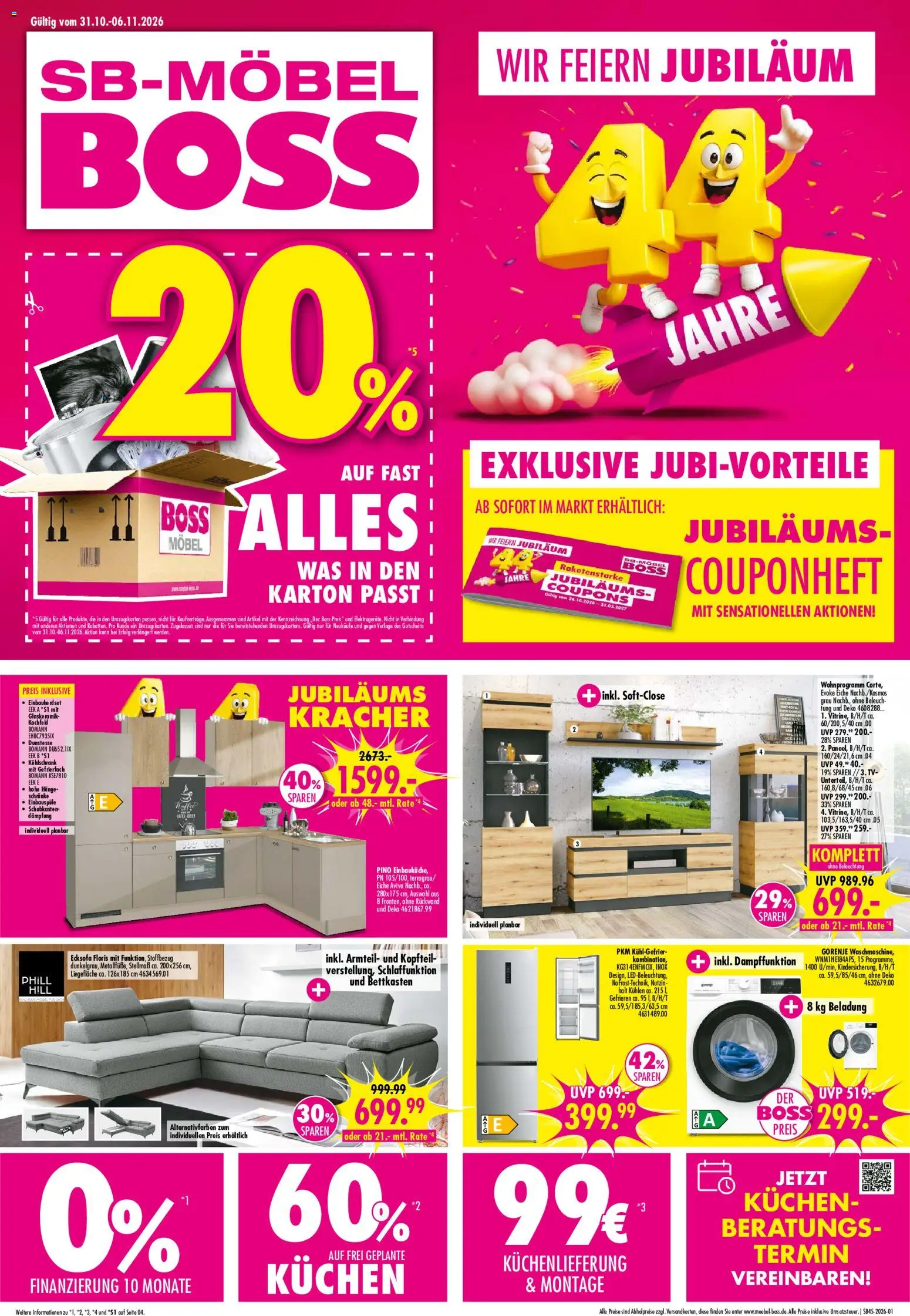 Vorschau von dem Prospekt des Geschäftes SB Möbel Boss, gültig ab dem 31.10.2026 - TV, Kühlschrank, Kuchen, Ecksofa, Gorenje, Kochfeld