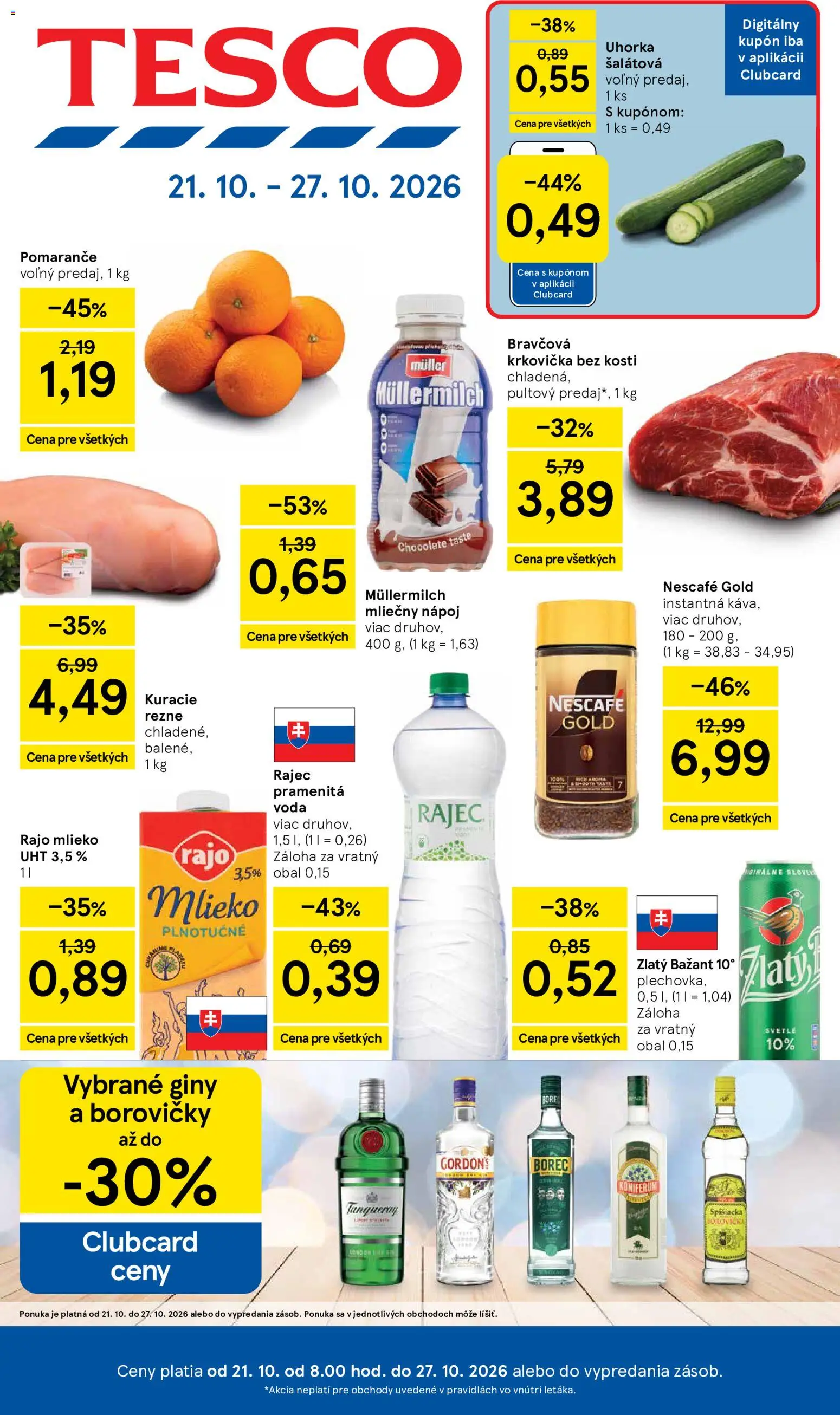 Náhľad Tesco letáku platného od 21.10.2026 - Rajec, Voda, Mlieko, Kuracie rezne, Nescafé Gold, Pomaranče, Zlatý Bažant, Pramenitá voda