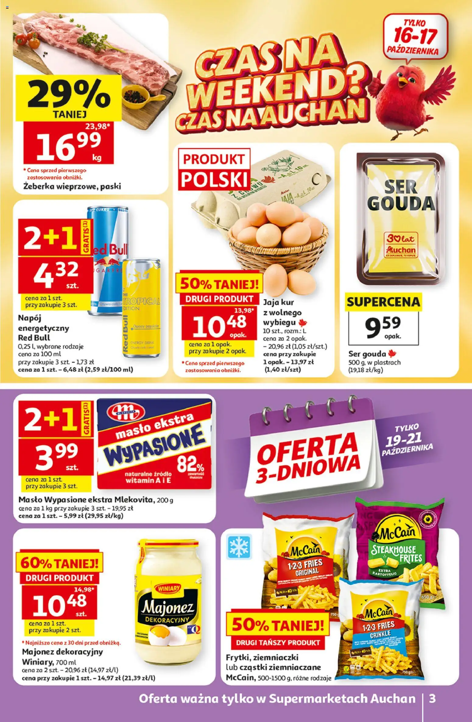 Pogląd gazetki "Auchan gazetka" ze sklepu Auchan ważnej od 15.10.2026 - Masło, Red bull, Owoce, Żeberka, Majonez, Jaja, Ser gouda, Ziemniaczki