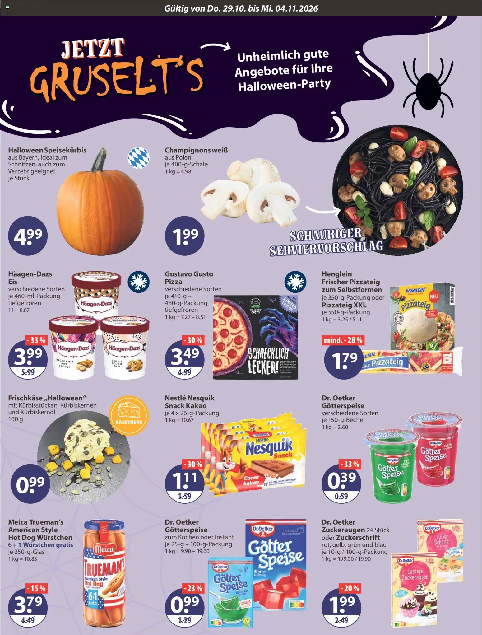 Vorschau von dem Prospekt des Geschäftes V-Markt, gültig ab dem 29.10.2026 - Pizza, Champignons, Zucker, Gustavo gusto, Nesquik, Kürbiskernöl, Meica, Frischkase