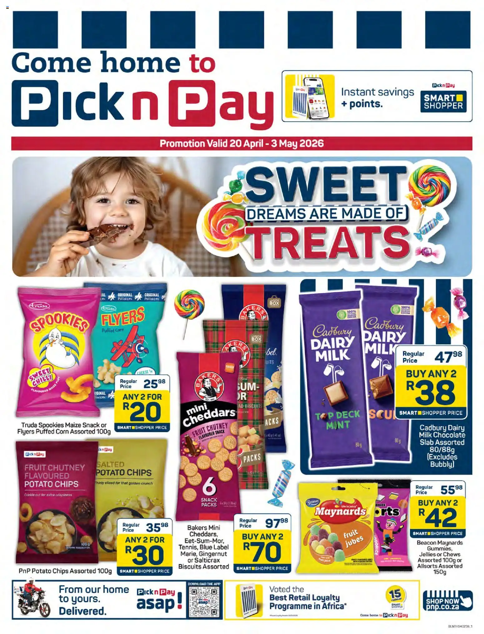 Preview of Pick n Pay flyer valid from 20/04/2026 - Chocolate, Fruit, Milk, Biscuits, Chips, Corn, Chutney